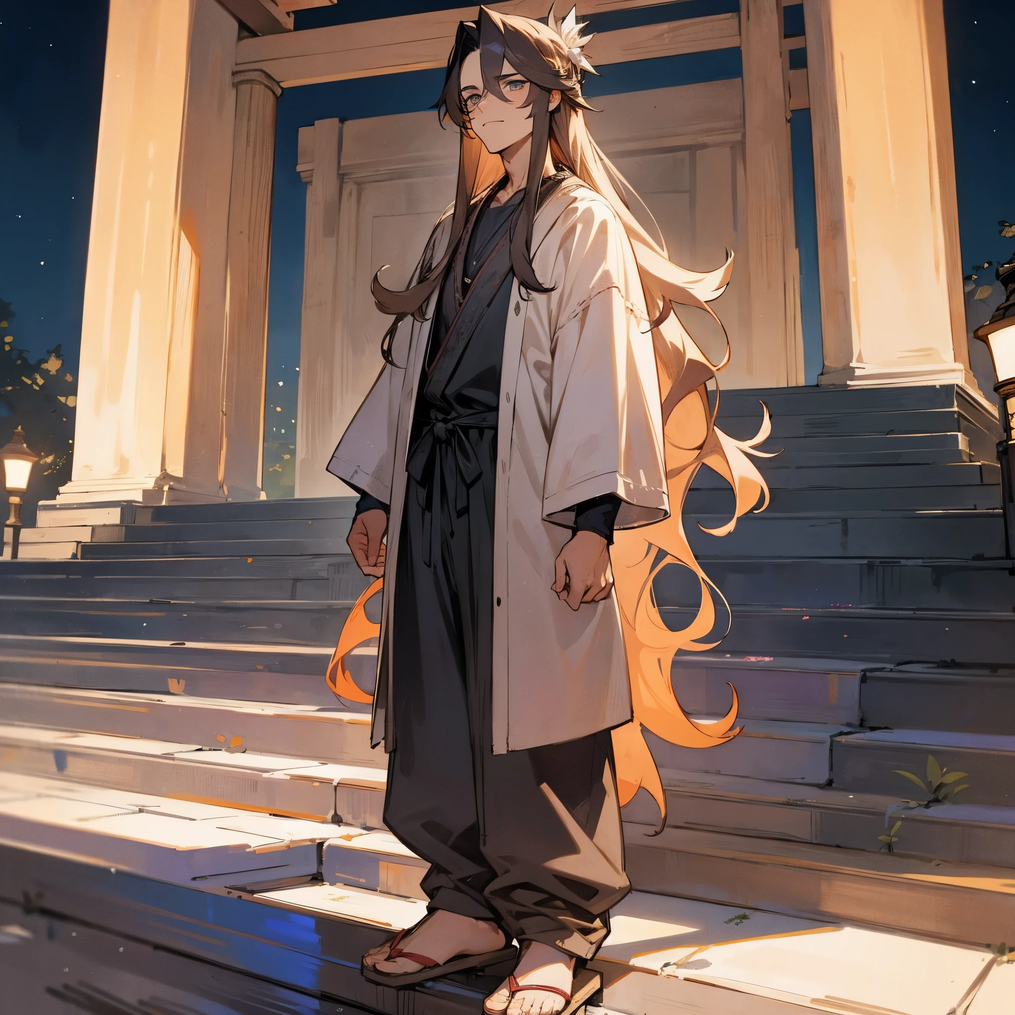 1male, adult, facial hair, finely detailed cantaloupe eyes, long wavy hair, ash ombré hair color, casual clothing, loose baggy pants, standing with arms folded, standing in shrine, night, village, serious, somber expression 