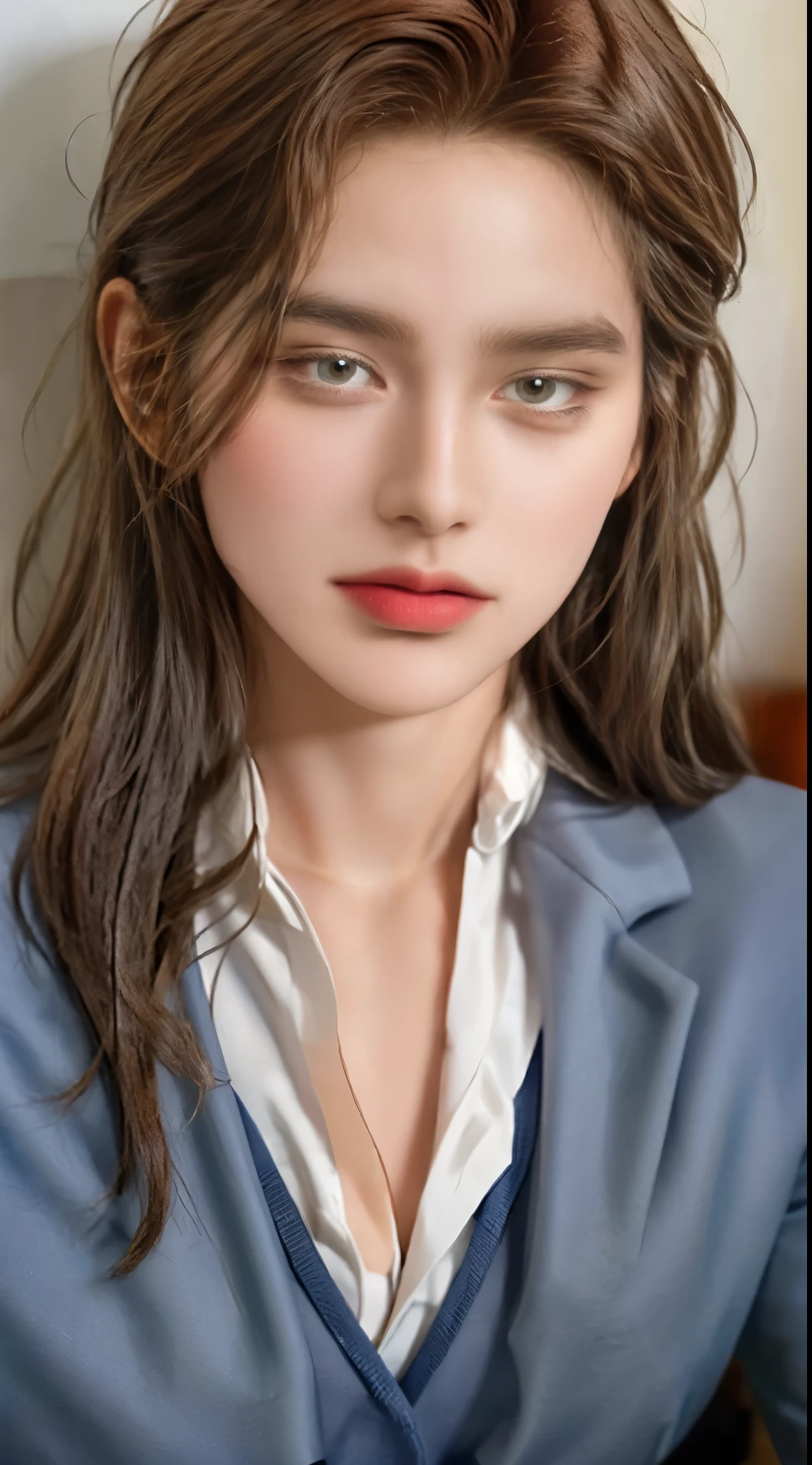 Girl, long soft brown hair, gray eyes, sharp features, white skin, school uniform