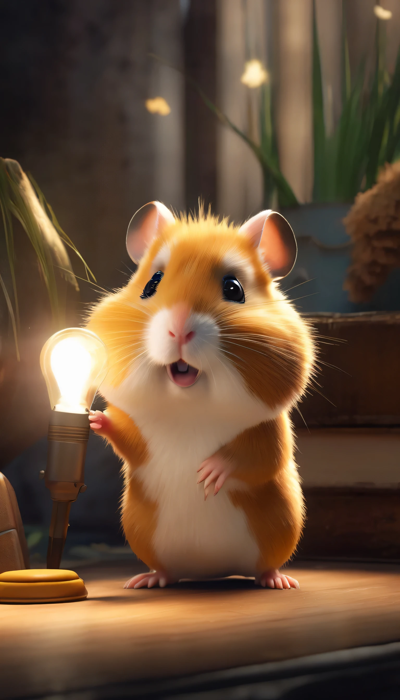 (Highly detailed CG Unity 8k wallpaper、masterpiece、highest quality、Super detailed)、(best lighting、best shadow、very delicate and beautiful)、highest quality、8k、Detailed facial depiction、masterpiece、highest quality、clear image quality、
Cartoon-style hamster is adventuring with a flashlight.。