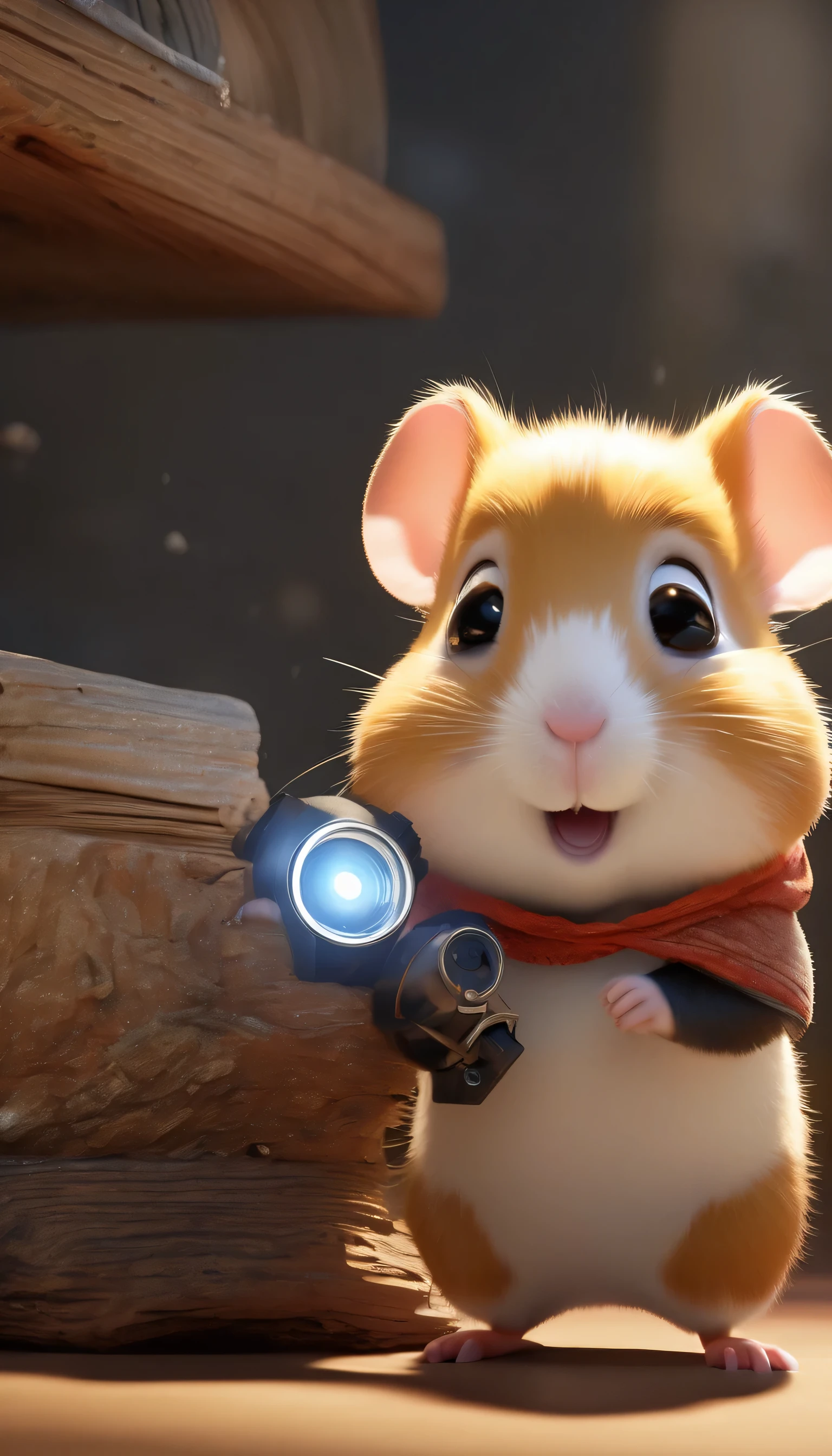 (Highly detailed CG Unity 8k wallpaper、masterpiece、highest quality、Super detailed)、(best lighting、best shadow、very delicate and beautiful)、highest quality、8k、Detailed facial depiction、masterpiece、highest quality、clear image quality、
Cartoon-style hamster is adventuring with a flashlight.。