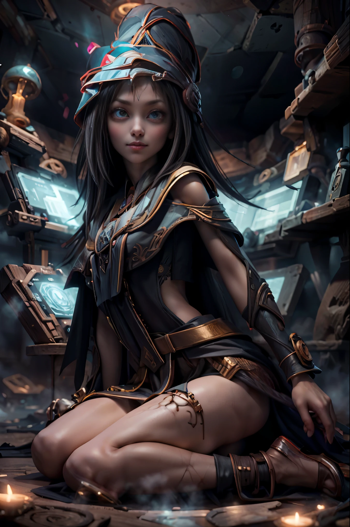 Dark magician gils en el aire, she comes out of a magic circle of the heart. Magic hearts background. Sonrisa en sus labios. Ojos celestes. Cabello dorado. Pose sensual. Levitando en una pie. Tiene tacones. Usa tacones azules y dorados