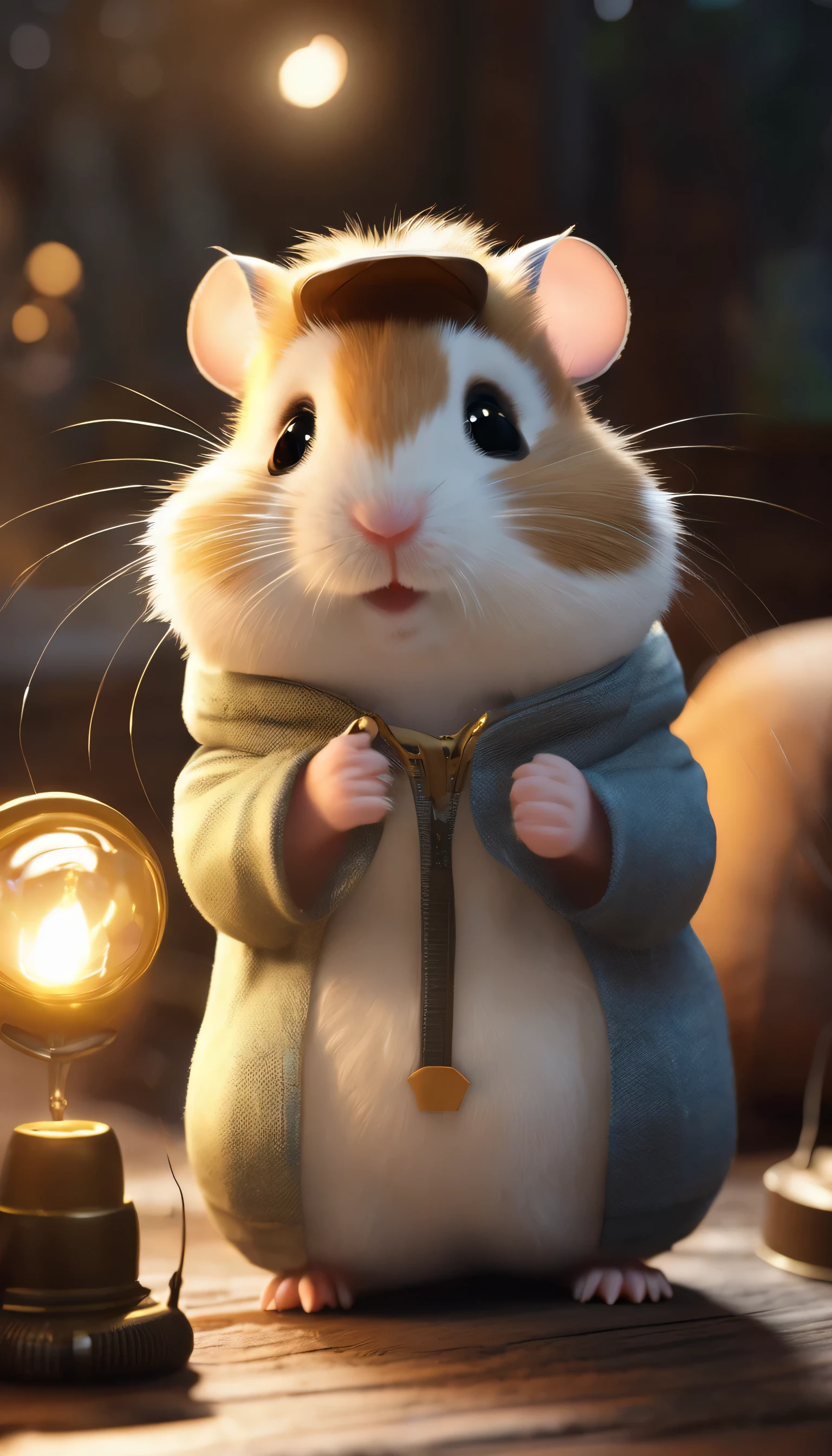 (Highly detailed CG Unity 8k wallpaper、masterpiece、highest quality、Super detailed)、(best lighting、best shadow、very delicate and beautiful)、highest quality、8k、Detailed facial depiction、masterpiece、highest quality、clear image quality、
Cartoon-style hamster is adventuring with a flashlight.。