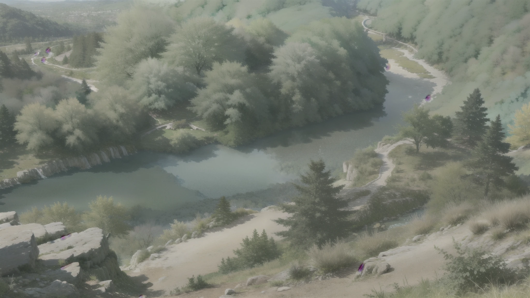 Entre des arbres, Une vue éloignée d'un paysage tranquille depuis une clairière. Il y a des arbres au premier plan. Au loin il y a une falaise avec une cascade. Une rivière traverse le paysage.
