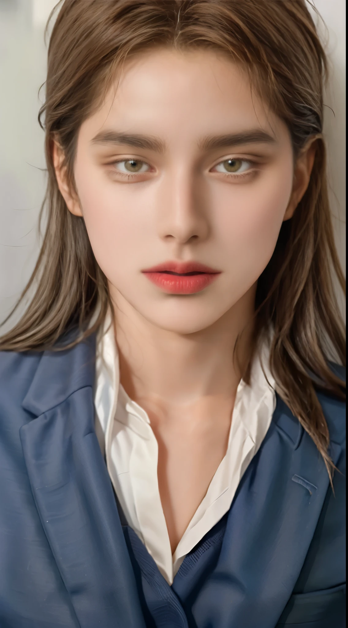 Girl, long soft brown hair, gray eyes, sharp features, white skin, school uniform
