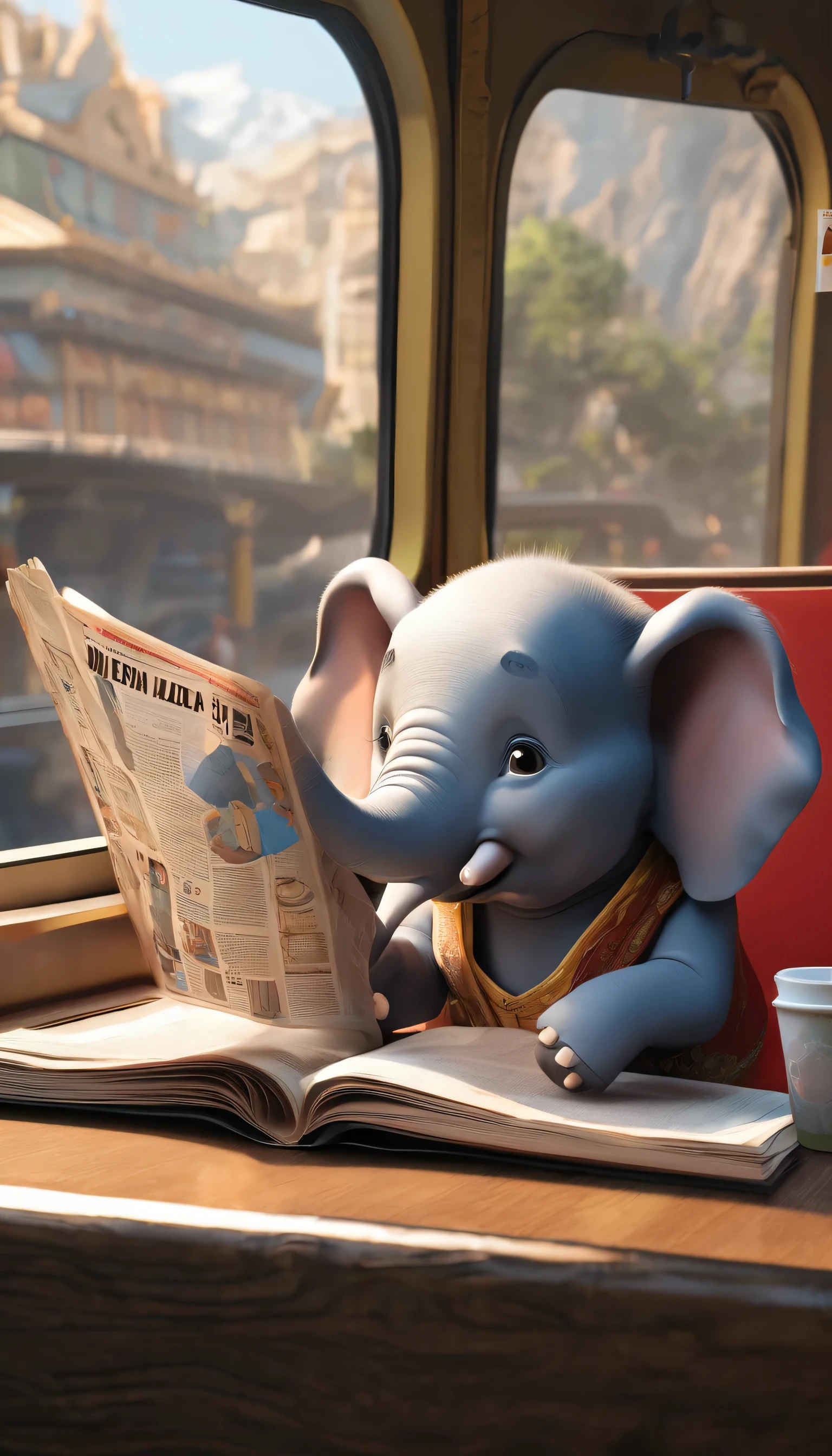 (Highly detailed CG Unity 8k wallpaper、masterpiece、highest quality、Super detailed)、(best lighting、best shadow、very delicate and beautiful)、highest quality、8k、Detailed facial depiction、masterpiece、highest quality、clear image quality、
A cartoon-style elephant is reading a newspaper on the train。