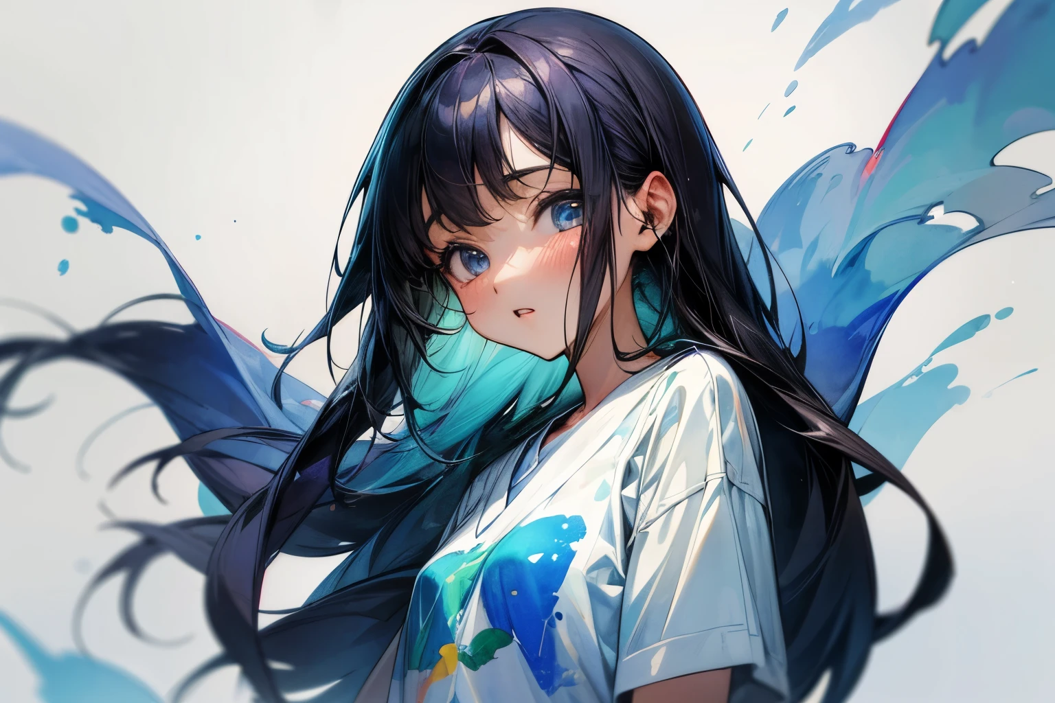 ((Masterpiece)), (Anime:1.5), ((best quality)), (RAW photo:1.2), (High Definition:1.3), (Professional Photography:1.2), (chromatic aberration), 1girl, ((ars old)(watercolor painting:1.3), wide shot, (pale blue fine ink splashing), black long silky hair, teenage japanese cute girl, very sad face, open mouth, (Glossy lips), loose white T-Shirts, (simple white background:1.5)