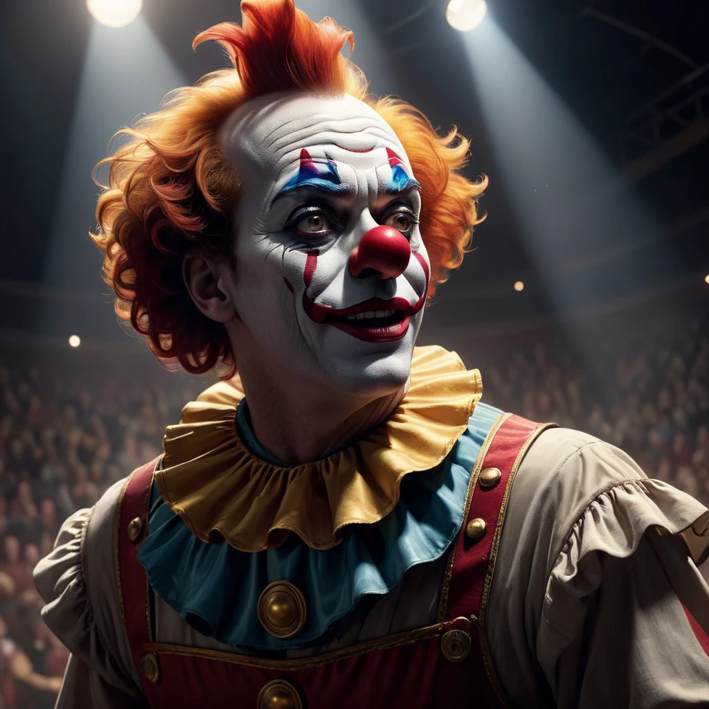 High Resolution, High Quality, Masterpiece. Only one a spotlight beam from the side and from above in a dusty smoky circus highlights a lone clown in the arena. 32k resolution, dramatic studio lighting, photorealistic concept art complemented by detailed acrylic techniques, intricate complexity, ultra HD, vivid colors, perfectly composed with soft, natural, volumetric, cinematic lighting, created in Unreal Engine, ultra hd, realistic, vivid colors, highly detailed, UHD drawing, pen and ink, perfect composition, beautiful detailed intricate insanely detailed octane render trending on artstation, 8k artistic photography, photorealistic concept art, soft natural volumetric cinematic perfect light, 32k ultra-resolution, soft natural light evoking cinematic