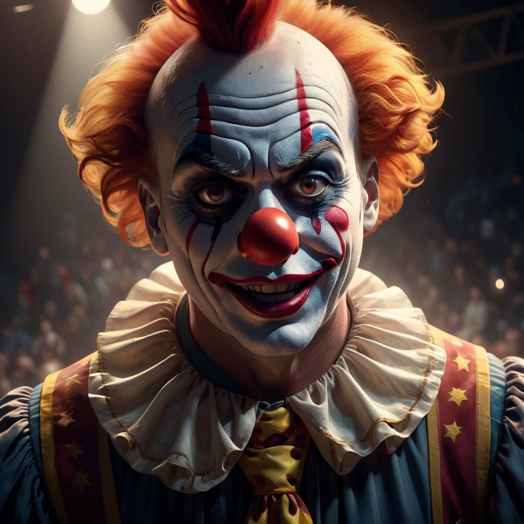 High Resolution, High Quality, Masterpiece. Only one a spotlight beam from the side and from above in a dusty smoky circus highlights a lone clown in the arena. 32k resolution, dramatic studio lighting, photorealistic concept art complemented by detailed acrylic techniques, intricate complexity, ultra HD, vivid colors, perfectly composed with soft, natural, volumetric, cinematic lighting, created in Unreal Engine, ultra hd, realistic, vivid colors, highly detailed, UHD drawing, pen and ink, perfect composition, beautiful detailed intricate insanely detailed octane render trending on artstation, 8k artistic photography, photorealistic concept art, soft natural volumetric cinematic perfect light, 32k ultra-resolution, soft natural light evoking cinematic