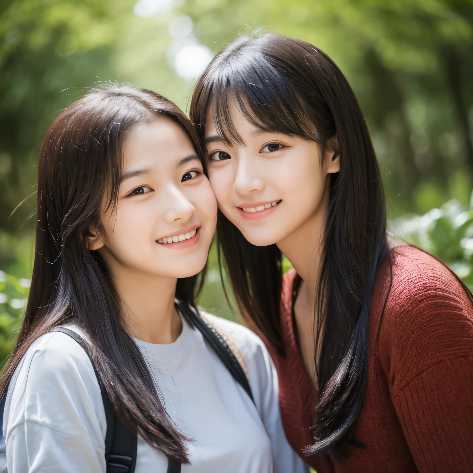identical twin sisters, clear facial features, close, happy and golden retriever, black hair, walk on a mountain path.(8K、Live shooting、highest quality、masterpiece:1.2)、Super detailed、super resolution、(hyper reality、)Super detailed、super resolution、(real、real photo:1.47)、highly detailed face、highly detailed eyes、非常にrealな肌、 highly detailed fingers, highly detailed nose, highly detailed mouth, highly detailed background,