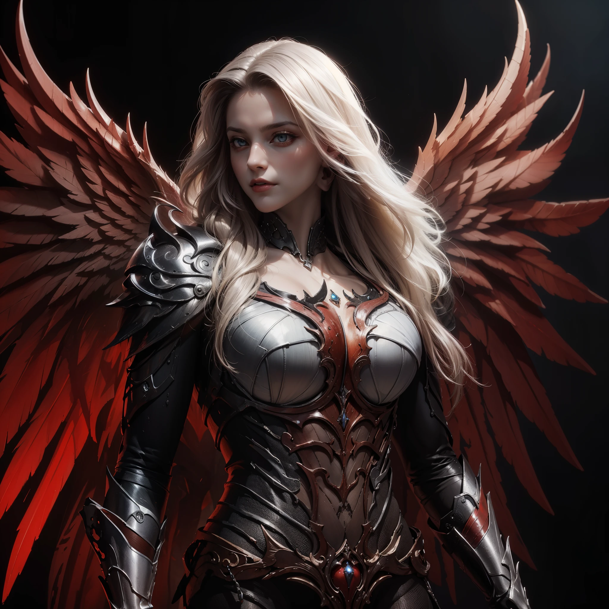 Witness the unparalleled beauty of a top quality, 8k masterpiece with a resolution of 1.3, ultra-high definition. Marvel at the crisp details and stunning realism of this high definition, high quality image, (((Dynamic full body pose shot photo))), ((white long hair undercut))), sexy female, (((sexy revealing black armor))), (((Red Demon wings))), (((Black Horns))), fantasy, (((Large Breast))). beautiful detailed face, Beautiful detailed eyes, Beautiful detailed mouth, Beautiful detailed nose, seductive smile, sexual, mist, vivid alluring eyes, detailed medieval battleground in the background, best quality masterpiece, photorealistic, detailed, 8k, HDR, cinematic light, RAW color photo, perfect composition, beautiful detailed intricate insanely detailed octane render trending on artstation, 8 k artistic photography, photorealistic concept art, soft natural volumetric cinematic perfect light, chiaroscuro, award - winning photograph, masterpiece, oil on canvas, raphael, caravaggio, greg rutkowski, beeple, beksinski, giger