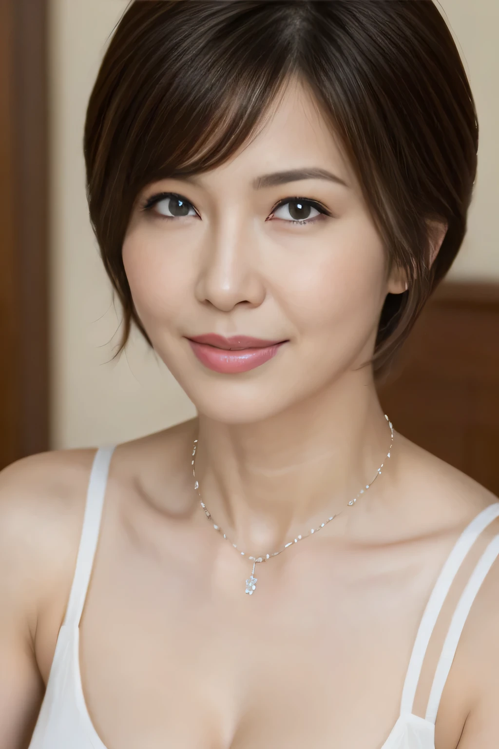 #beautiful mature woman,portrait,
beautiful face,double eyelid,
big breasts,black tank top,
pixie cut,
Elaborate necklaces,