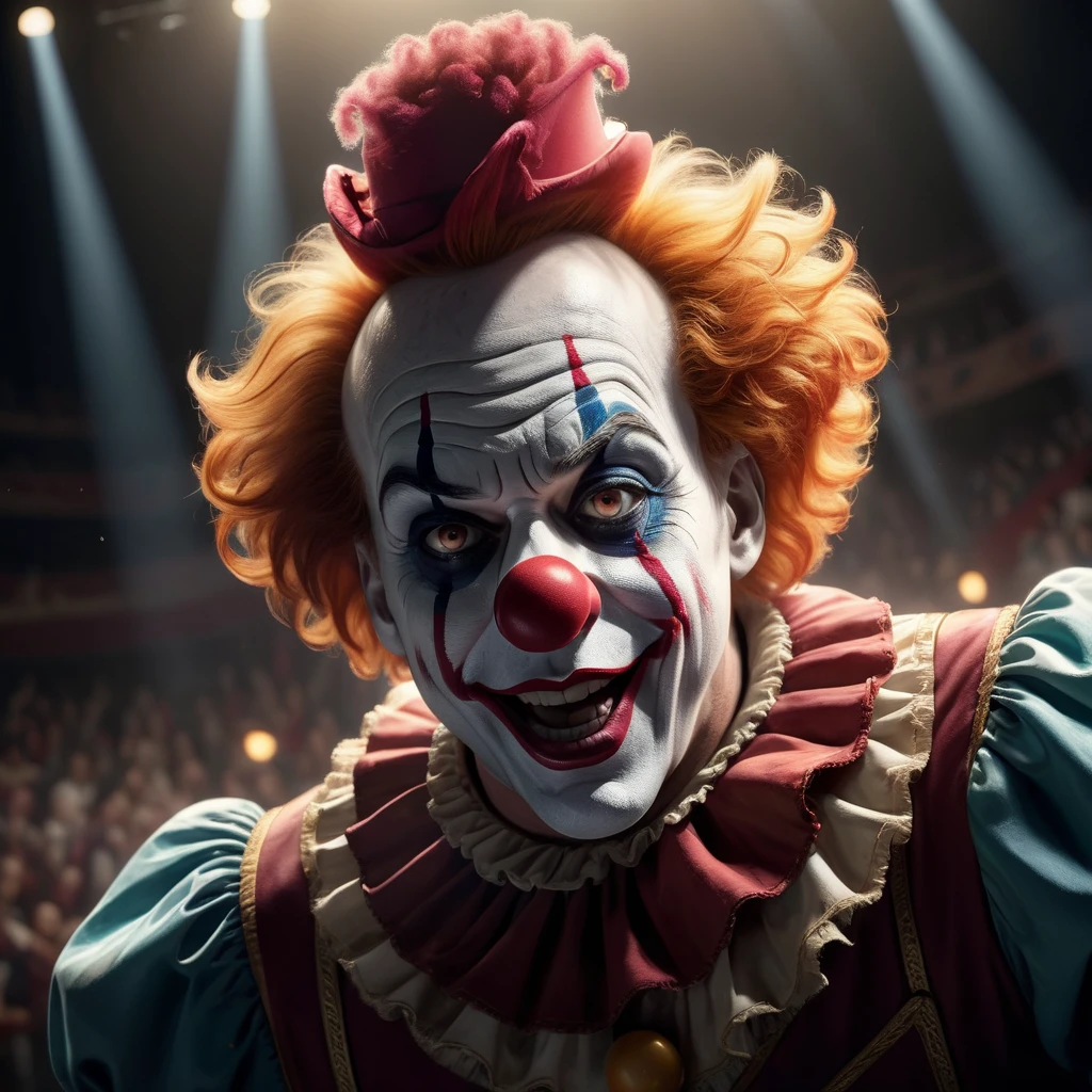 High Resolution, High Quality, Masterpiece. Only one a spotlight beam from the side and from above in a dusty smoky circus highlights a lone clown in the arena. 32k resolution, dramatic studio lighting, photorealistic concept art complemented by detailed acrylic techniques, intricate complexity, ultra HD, vivid colors, perfectly composed with soft, natural, volumetric, cinematic lighting, created in Unreal Engine, ultra hd, realistic, vivid colors, highly detailed, UHD drawing, pen and ink, perfect composition, beautiful detailed intricate insanely detailed octane render trending on artstation, 8k artistic photography, photorealistic concept art, soft natural volumetric cinematic perfect light, 32k ultra-resolution, soft natural light evoking cinematic