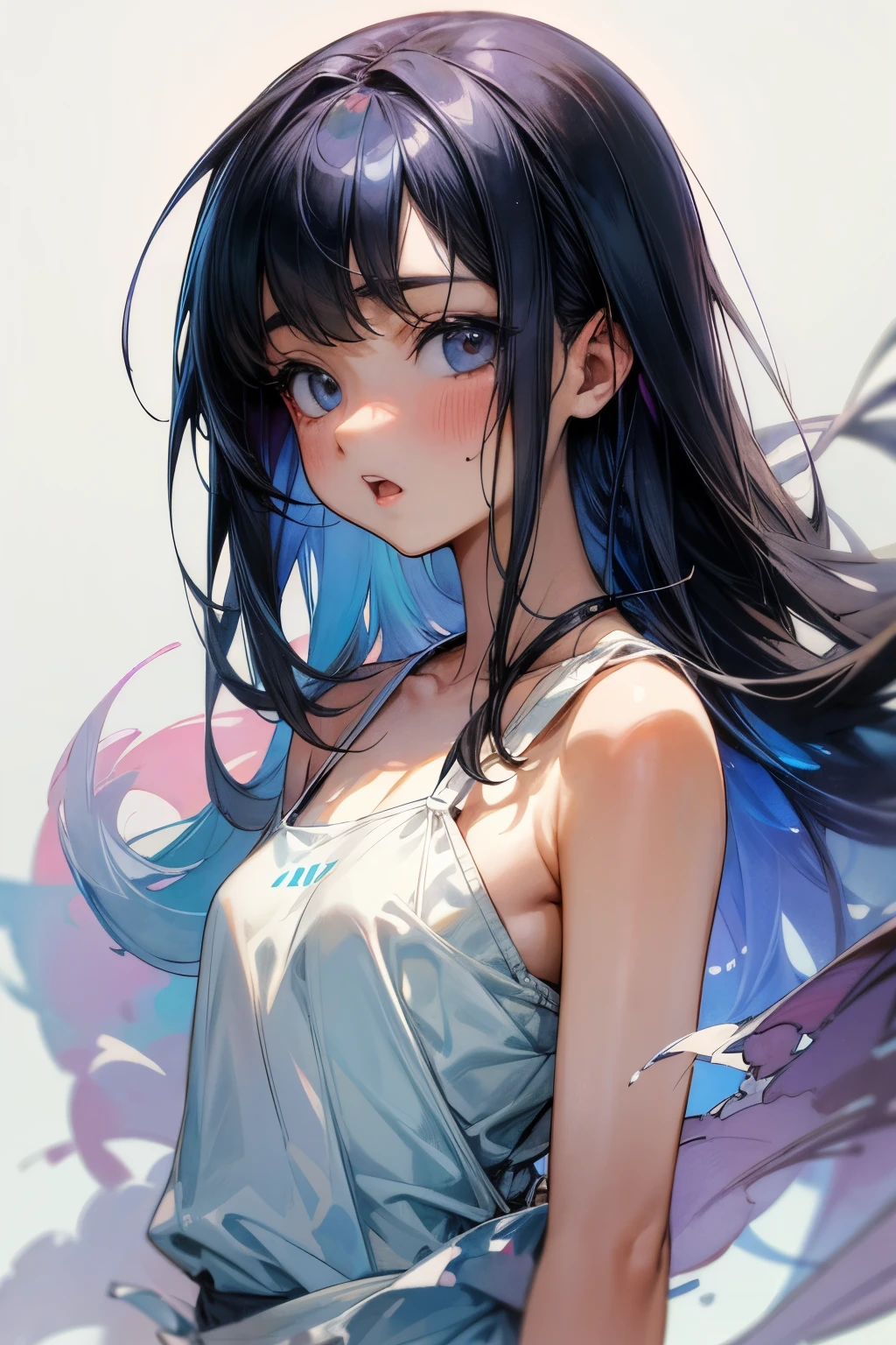 ((Masterpiece)), (Anime:1.5), ((best quality)), (RAW photo:1.2), (High Definition:1.3), (Professional Photography:1.2), (chromatic aberration), 1girl, ((ars old)(watercolor painting:1.3), wide shot, (pale blue fine ink splashing), black long silky hair, teenage japanese cute girl, very sad face, open mouth, (Glossy lips), loose white camisole, (simple white background:1.5)