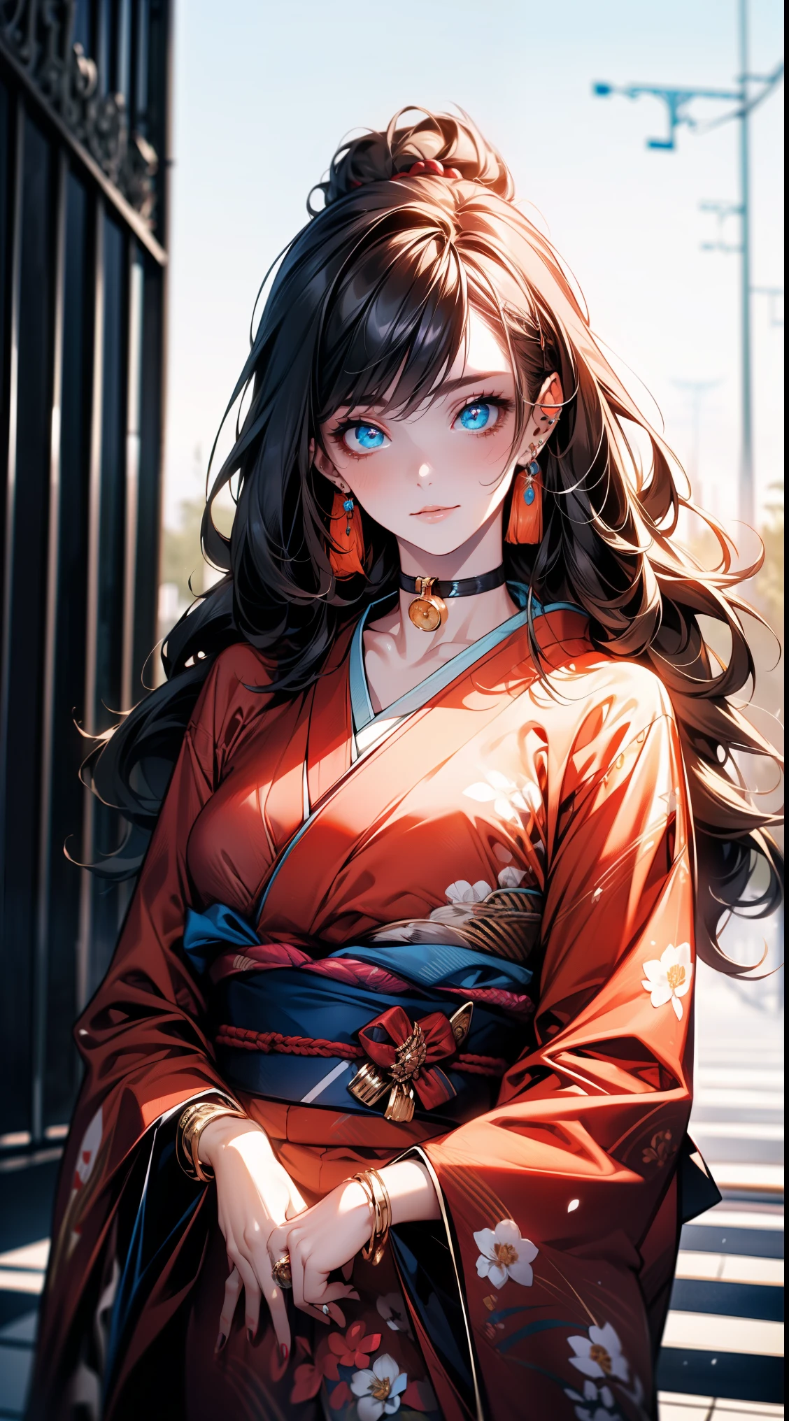 ((light brown long hair:1.9, wavy hair:1.6, asymmetrical hair:1.8, half up hair)), (shining blue eyes:1.4)beautiful, beautiful woman, perfect anatomy, perfect body, perfect breasts, ((kimono:1.8, choker:1.6)), ((Japan gardens in winter:1.98, torii)), captivating gaze, slight smile, realism, masterpiece, rough skin , Super detailed, high detail, high quality, 最high quality, 1080p, 16k 