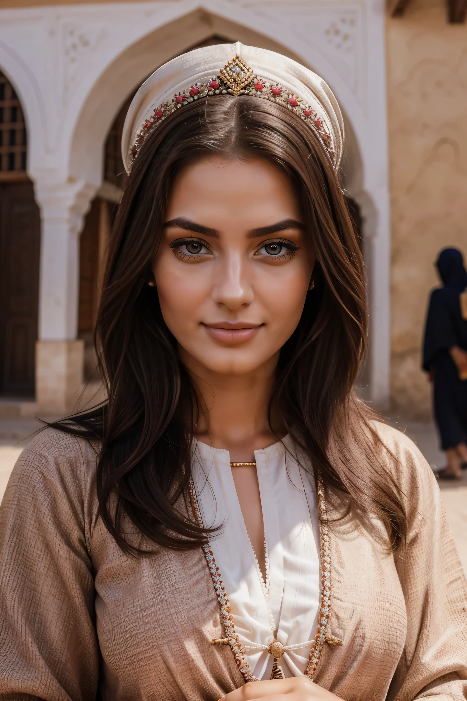 Instagram-Models posieren in Fes, in traditional clothes, full entire body, beautiful detailed eyes, beautifully detailed lips, extremely detailed eyes and face, kurzes, welliges rosa Haar ((best qulaity)), ((Meisterwerk)), (detailliert), perfektes Gesicht, full entire body, smile