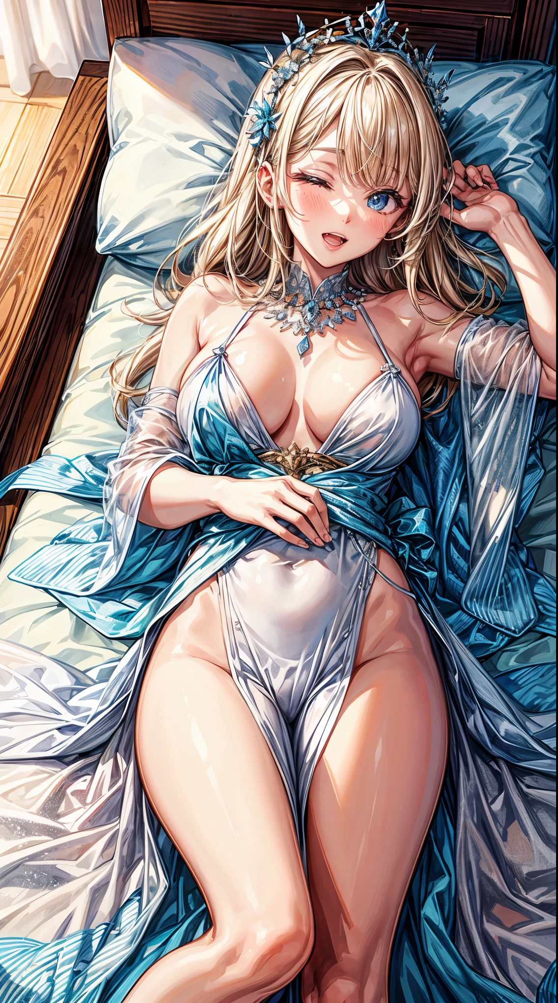 masterpiece,highest quality,Ultra high definition,helene, blonde hair, blue eyes, fair skin, white chiton, flower crown, pearl necklace,Elegant posture,smile, Lying down, Yawning, Yawning with mouth open, sleepy, Eyes closed