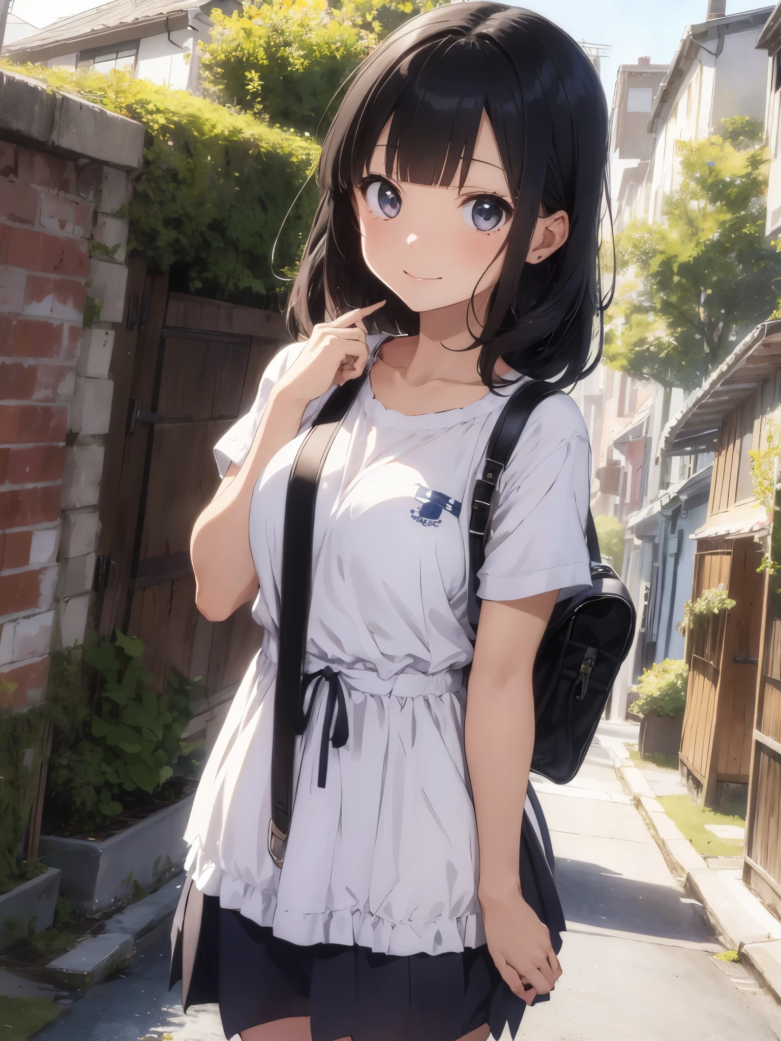 absurderes, hight resolution, ((masutepiece)), animesque、((Best Quality)), (Ultra-detailed), (Beautiful), ((Kawaii 1 Girl)), solo,years、Beautiful face、White skin、Route to schools in the city、Under the sparkling midsummer sun、shiny long pale black hair、 (medium breasts:1.3)、BREAK、The upper part of the body、Gentle face、(Blunt bangs:1.3),Ephemeral、Cute summer uniform、satchel、Coming to school、Bright smile、Angle from behind、The skirt flutters in the wind、Girl's hair flutters in the wind