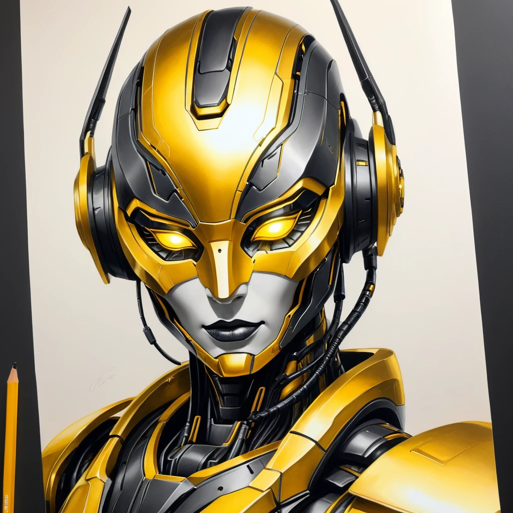 ，(character sketch:1.1)，(charcoal drawing:1.2)，Sketch，(pencil drawing:1.3)，Charcoal painting style，Black -yellow-gold metal，character sketch, high resolution, 1womanl, Solo, (Detailed face), kda，bioluminic, Black and yellow and gold metal colors galactic cybernetic mask, (abstracted, Make a sketch of a robot with high technology:1.5), Part description, SH4G0D,
