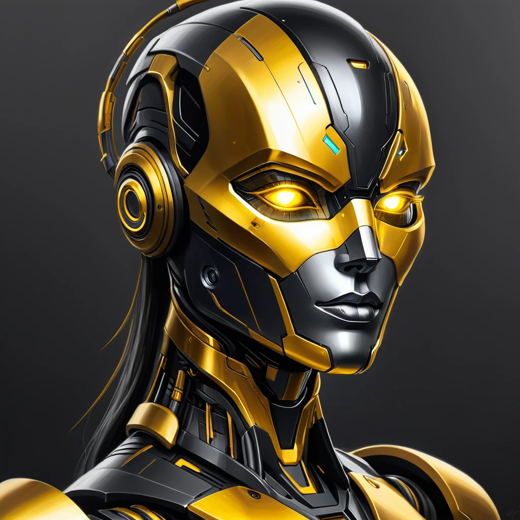 ,(character sketch:1.1),(charcoal drawing:1.2),Sketch,(pencil drawing:1.3),Charcoal painting style,Black -yellow-gold metal,character sketch, high resolution, 1womanl, Solo, (Detailed face), kda,bioluminic, Black and yellow and gold metal colors galactic cybernetic mask, (abstracted, Make a sketch of a robot with high technology:1.5), Part description, SH4G0D,