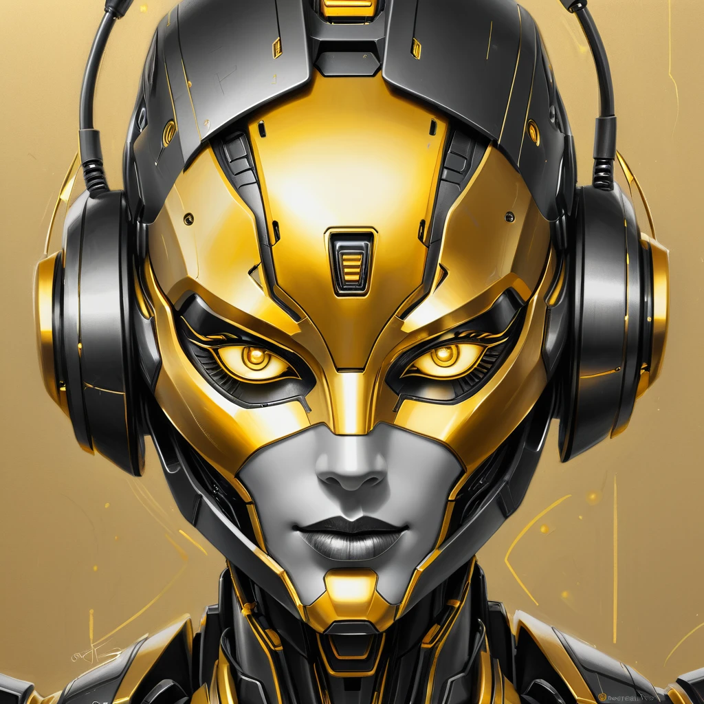 ,(character sketch:1.1),(charcoal drawing:1.2),Sketch,(pencil drawing:1.3),Charcoal painting style,Black -yellow-gold metal,character sketch, high resolution, 1womanl, Solo, (Detailed face), kda,bioluminic, Black and yellow and gold metal colors galactic cybernetic mask, (abstracted, Make a sketch of a robot with high technology:1.5), Part description, SH4G0D,