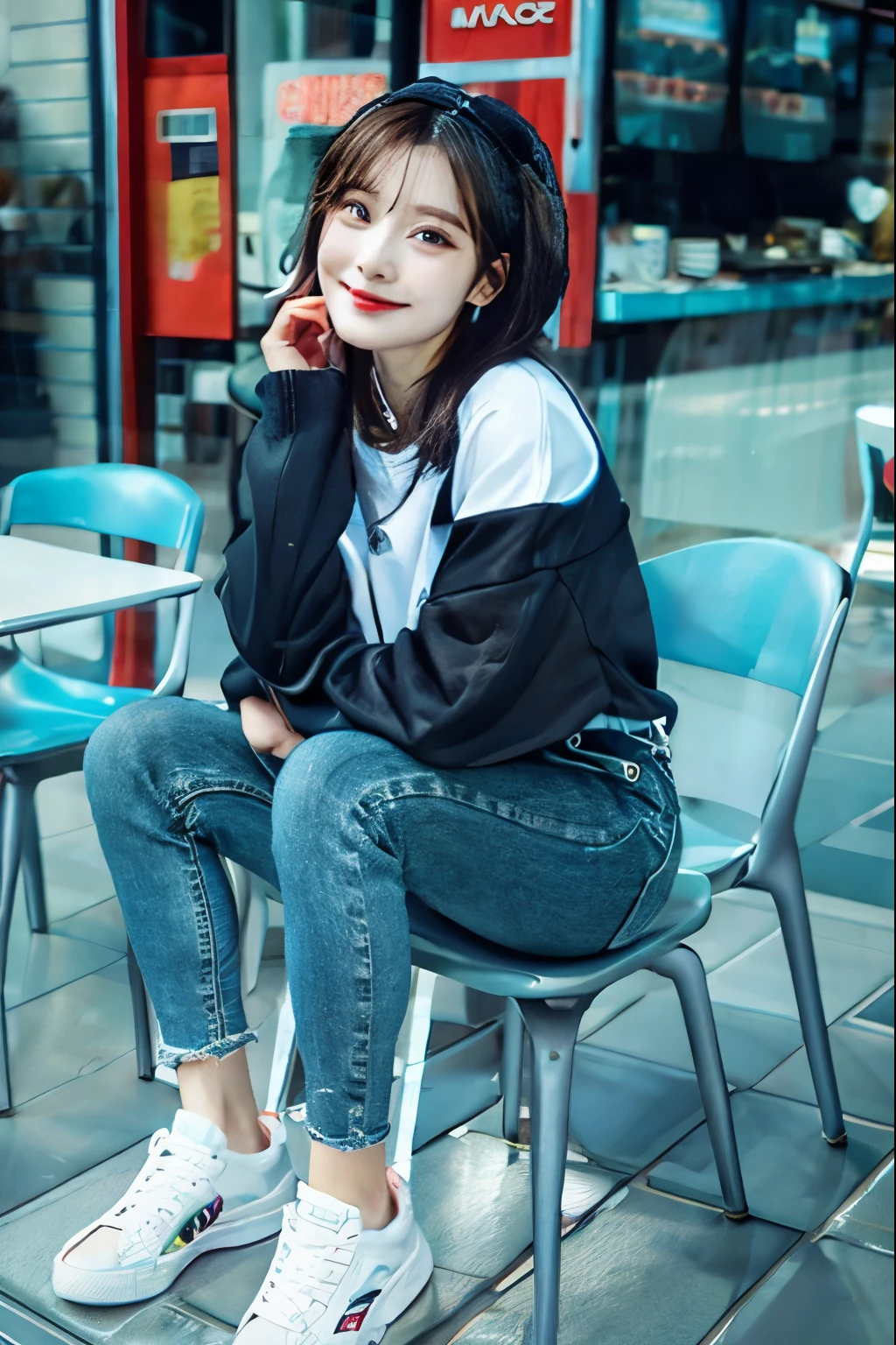 black hair、hoodie、skinny denim、sneakers、socks slightly visible through shoes、refreshing smile、smiling showing teeth、full body photo、hat