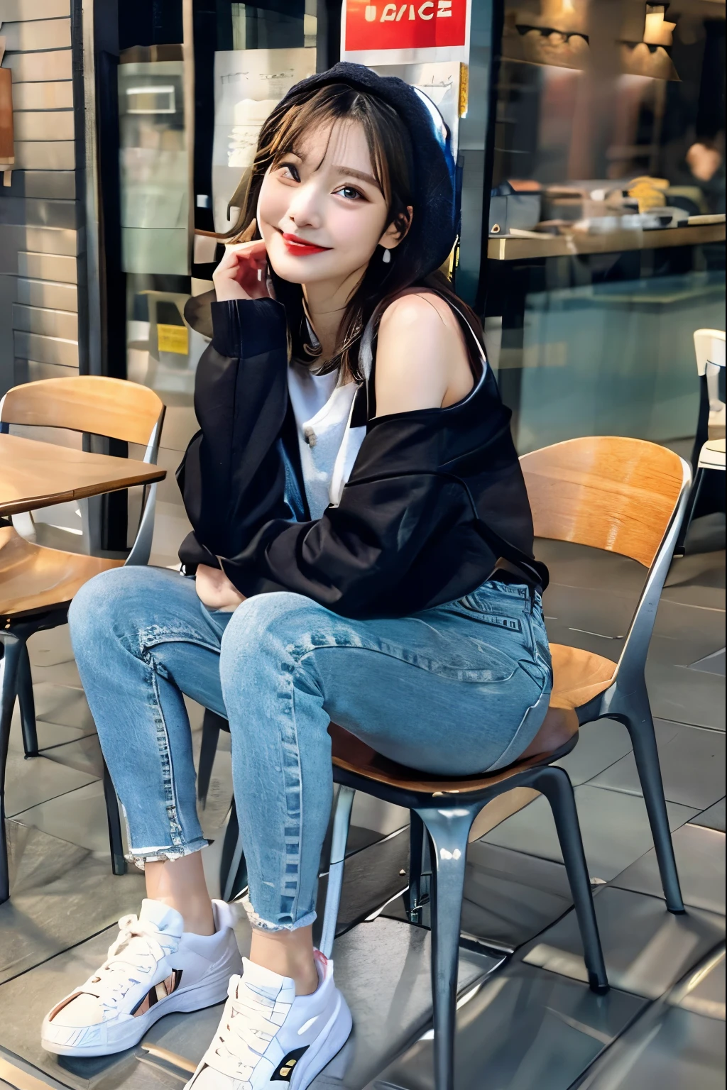 black hair、hoodie、skinny denim、sneakers、socks slightly visible through shoes、refreshing smile、smiling showing teeth、full body photo、hat