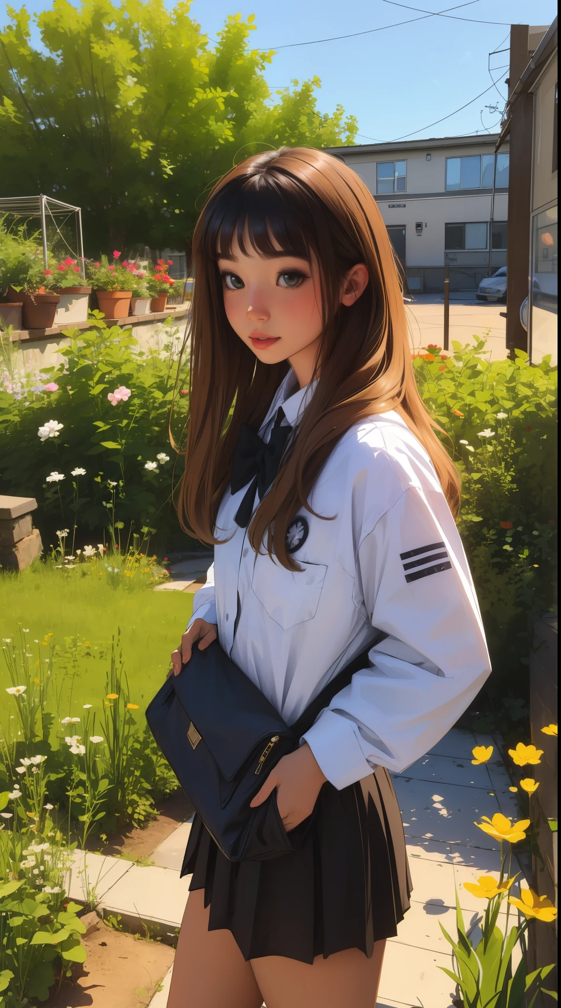 Girl, long brown hair, gray eyes, sharp features, white skin, school uniform, garden
