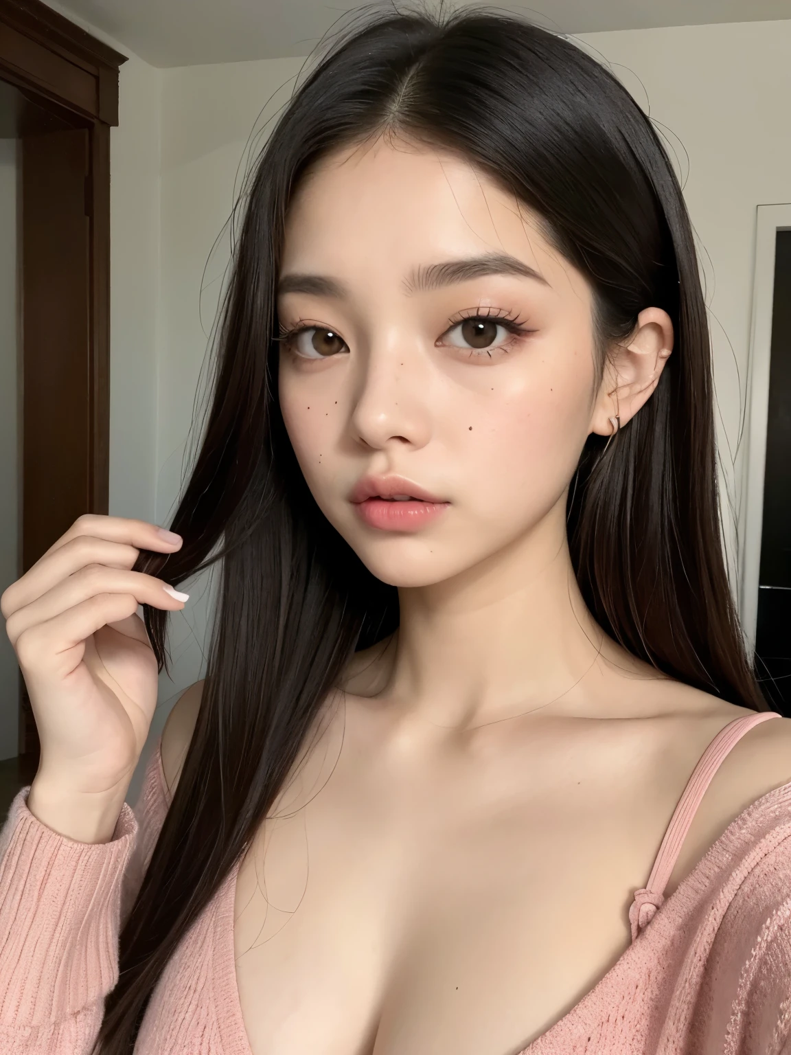 Kim Jennie de blackpink con el cabello rubio claro, cabello rubio con ondulado, cabello de color rubio ondulado, with small fringes, ojos color negro, nariz respingada y bonita, labios gruesos, Cupid and heart shaped lips...., labios rosas, pale, piel blanca, piel bonita y suave, con pecas y lunares, cejas bonitas, marked and beautiful clavicle, mientras tiene un polo con rosas color rojo tinto, rojo oscuro, con ropa interior femenina, con un short corto, short bonito y corto, abdomen delgado y bonito, escote desnudo, (pechos grandes, pechos suaves, pechos naturales, escote desnudo), mientras agarra una rosa,  mirando a la camara, autofoto