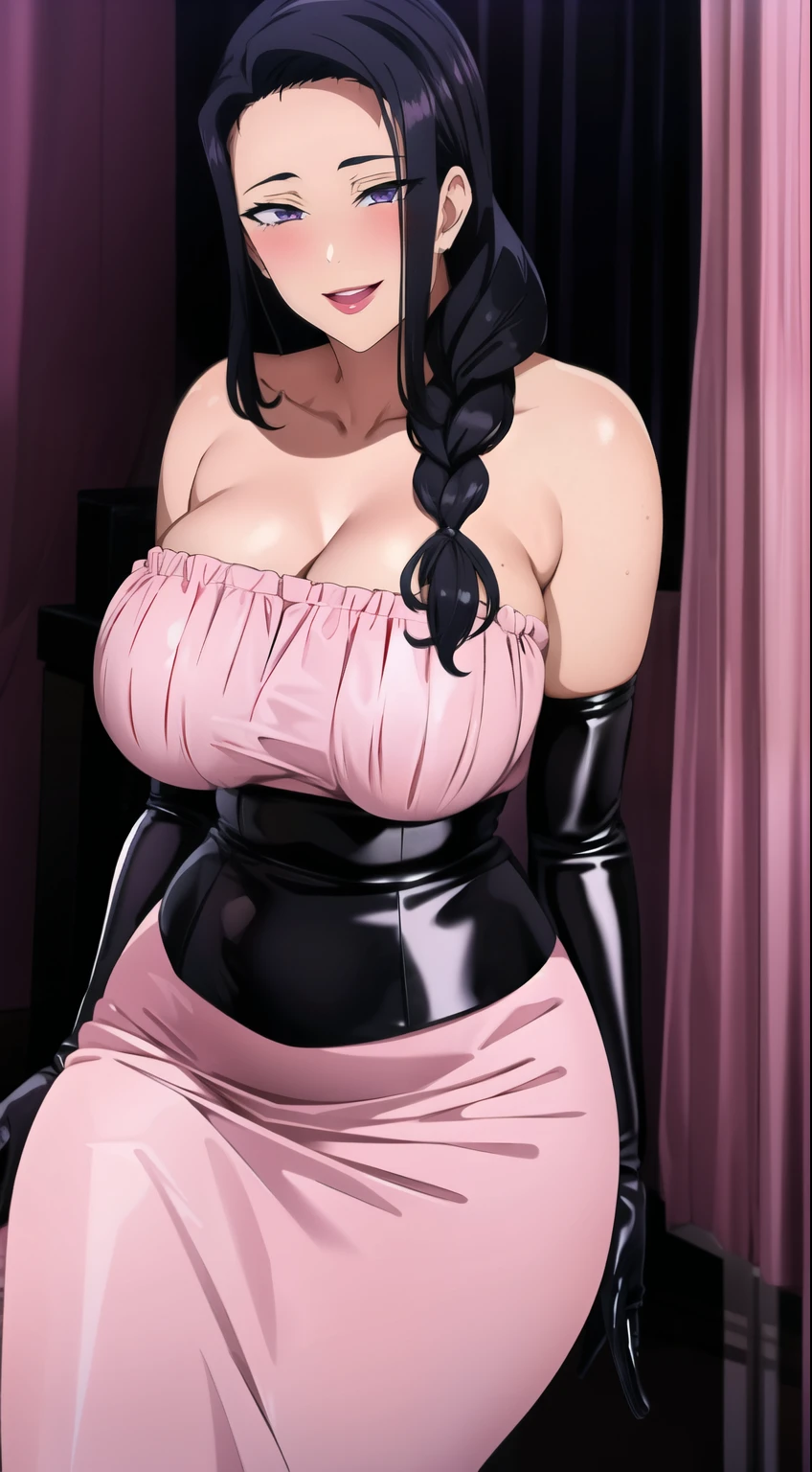 masterpiece, 1 girl, alone, long hair, Braid, looking at the viewer, big breasts, mature woman, blush, smile, black hair, lilac eyes, pink bed, mature woman, bare shoulders,black latex gloves,black skirt,off shoulder latex,pencil latex skirt,latex pink shirt,latex off-shoulder shirt