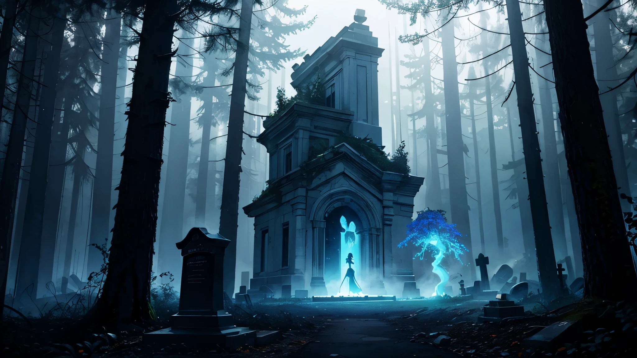 In a graveyard in front of a tombstone, a decomposing beautiful nude woman crawls out of a hole in the ground. A spectral being draped in flowing iridescent mists. The image, a stunning digital art piece, is bathed in a dreamlike haze of BLue and gold Dynamic Soft lighting. ,zombie bride