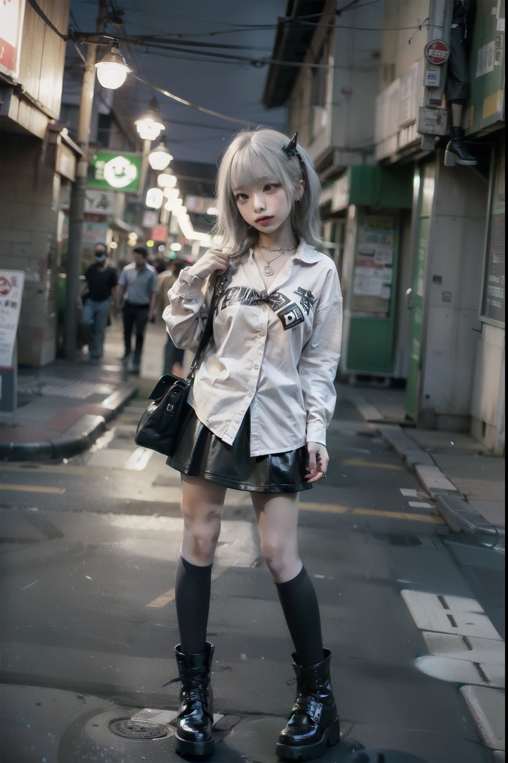 standing with legs apart、 1 cute anime girl, highest quality、ウルトラ - High resolution、High resolution、Detailed CG、8k unit wallpaper、20-year-old、beautiful and detailed eyes、(((Black leather skirt、white shirt、Black high-cut boots)))、(shiny body,:1.5)、 please be shy、(Ahegao:1.5)、(Stick out your tongue and drool)、full of embarrassment、spread your legs、safety work,Garbage dump in the downtown area at night