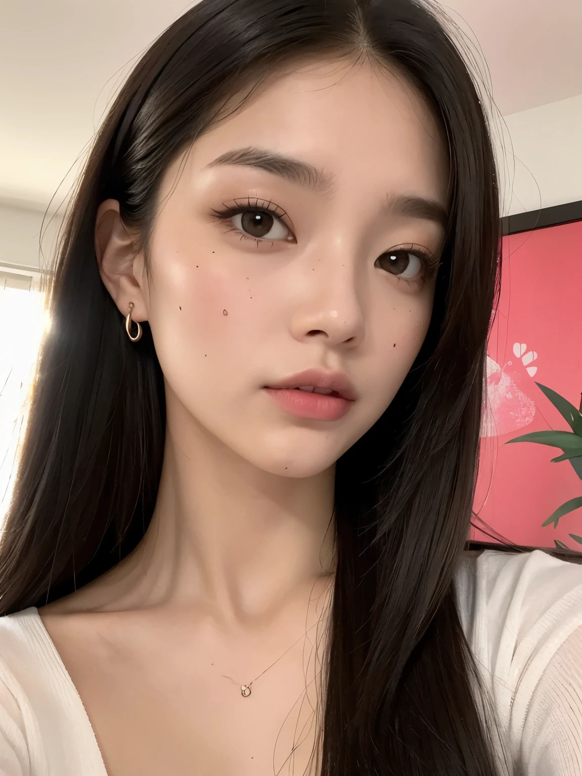 Kim Jennie de blackpink con el cabello rubio claro, cabello rubio con ondulado, cabello de color rubio ondulado, with small fringes, ojos color negro, nariz respingada y bonita, labios gruesos, Cupid and heart shaped lips...., labios rosas, pale, piel blanca, piel bonita y suave, con pecas y lunares, cejas bonitas, marked and beautiful clavicle, mientras tiene un polo con rosas color rojo tinto, rojo oscuro, con ropa interior femenina, con un short corto, short bonito y corto, abdomen delgado y bonito, escote desnudo, (pechos grandes, pechos suaves, pechos naturales, escote desnudo), mientras agarra una rosa, mirando a la camara, autofoto