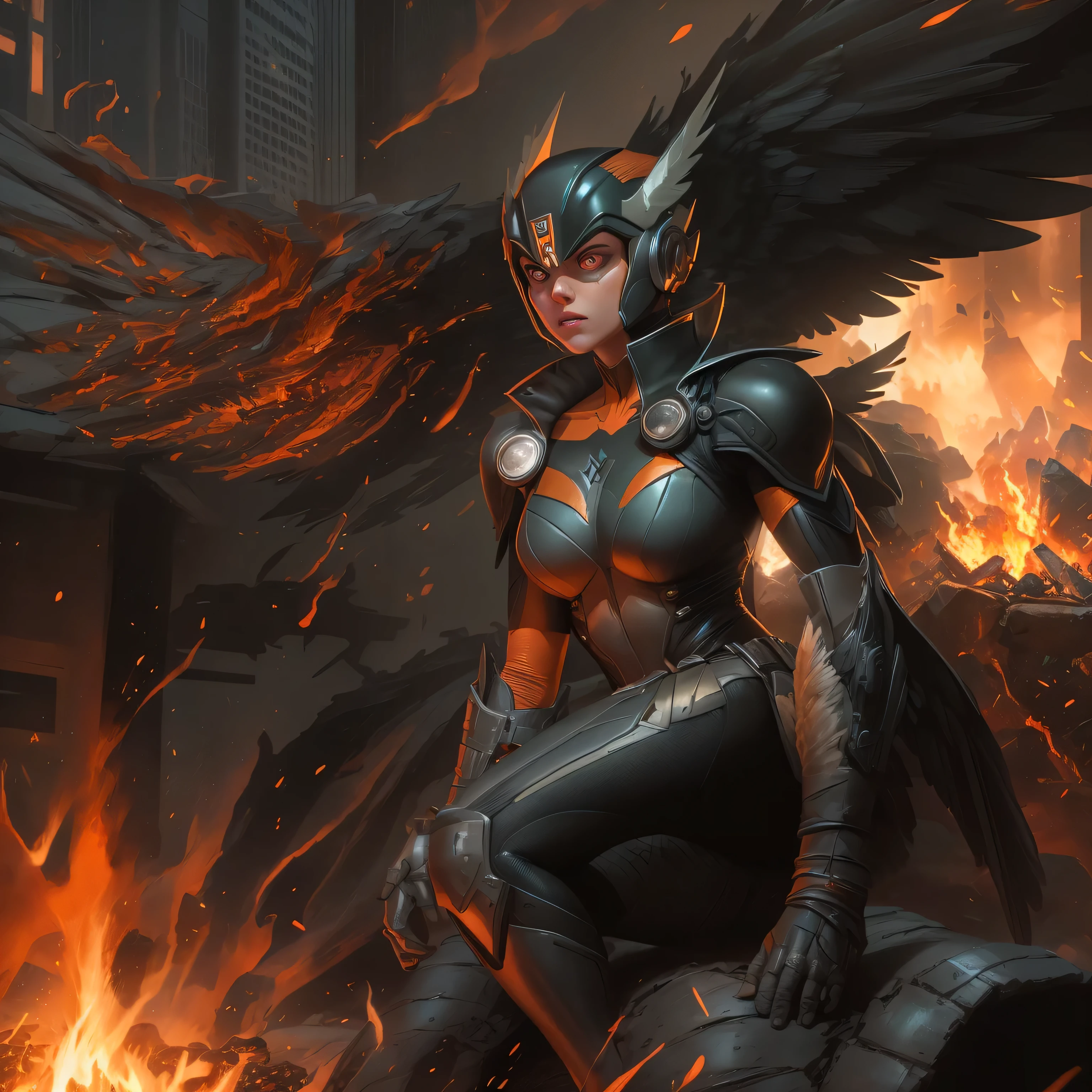 DC comic's Hawkgirl in dark knight costume, hawk helmet, in front of a fire, epic anime art, artgerm craig mullins, anime concept hdr anime macmanus, jin - roh, by Arthur Pan, antoine collignon, by Yang J, with bright red eyes, style of raymond swanland, artgerm and craig mullins, red son, dan mumford. 8k octane rendering