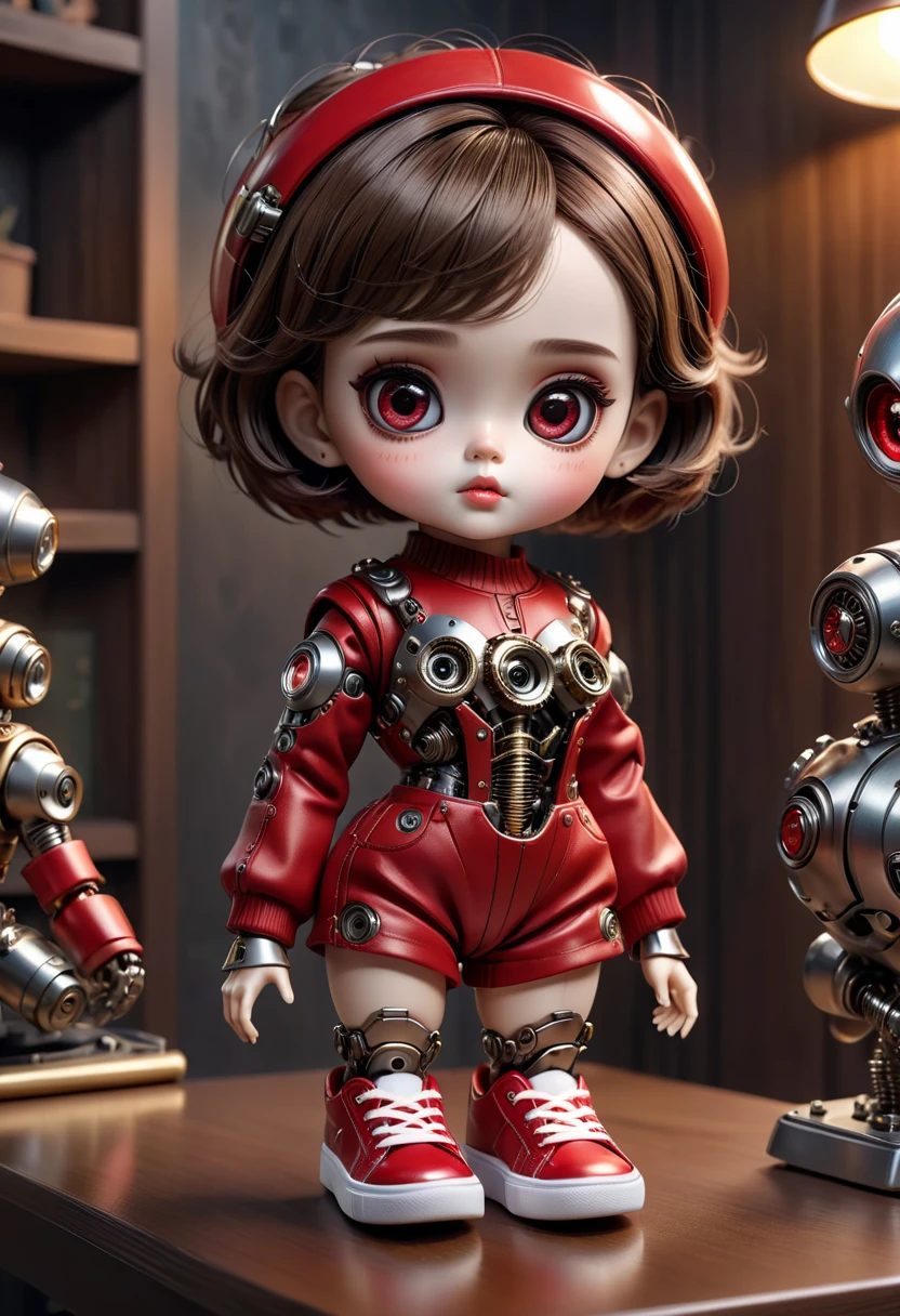 （best quality，4k，masterpiece：1.2），Super detailed，lifelike：1.37，2 cute Mechanical dolls on children&#39;s desk，Emotional communication，interesting action，Ornaments，Possessing human emotions and intelligence，Mechanical dolls，big eyes，dark eye makeup，Dumb，cute，mechanical joint，short hair，whole body，action，posture，sneakers，fashionable costume，metal skin decoration，Clean，Warm，Warm，blur background, red clothing.