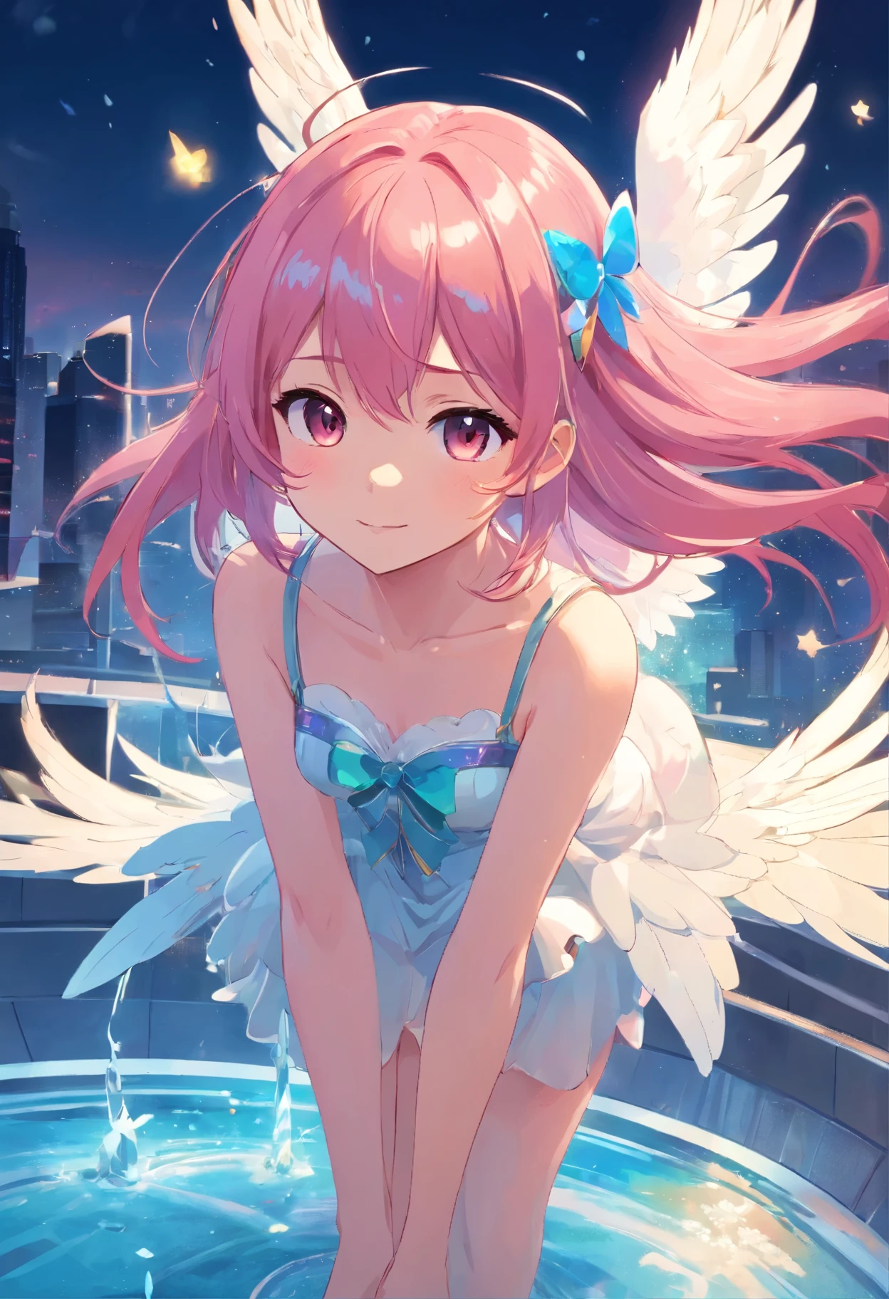 A princesy a fountain angel ((slender shape)) delicated face,teenage Girl, (((Full Body))) Pink bangs, long side burns, long pink hair in crystal bobbles head pieces ,((giggling)),Irridescent color Irridescent color, Designed by Dietrams, , Glows in highlights