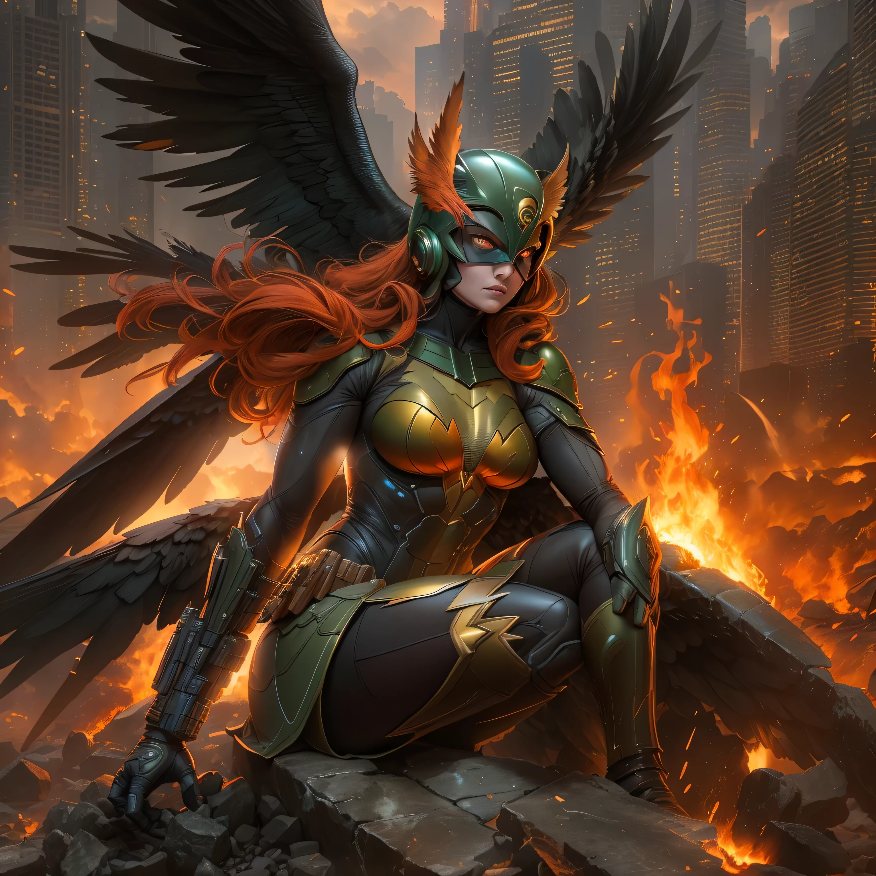 DC comic's Hawkgirl in dark knight costume, hawk helmet, in front of a fire, epic anime art, artgerm craig mullins, anime concept hdr anime macmanus, jin - roh, by Arthur Pan, antoine collignon, by Yang J, with bright red eyes, style of raymond swanland, artgerm and craig mullins, red son, dan mumford. 8k octane rendering