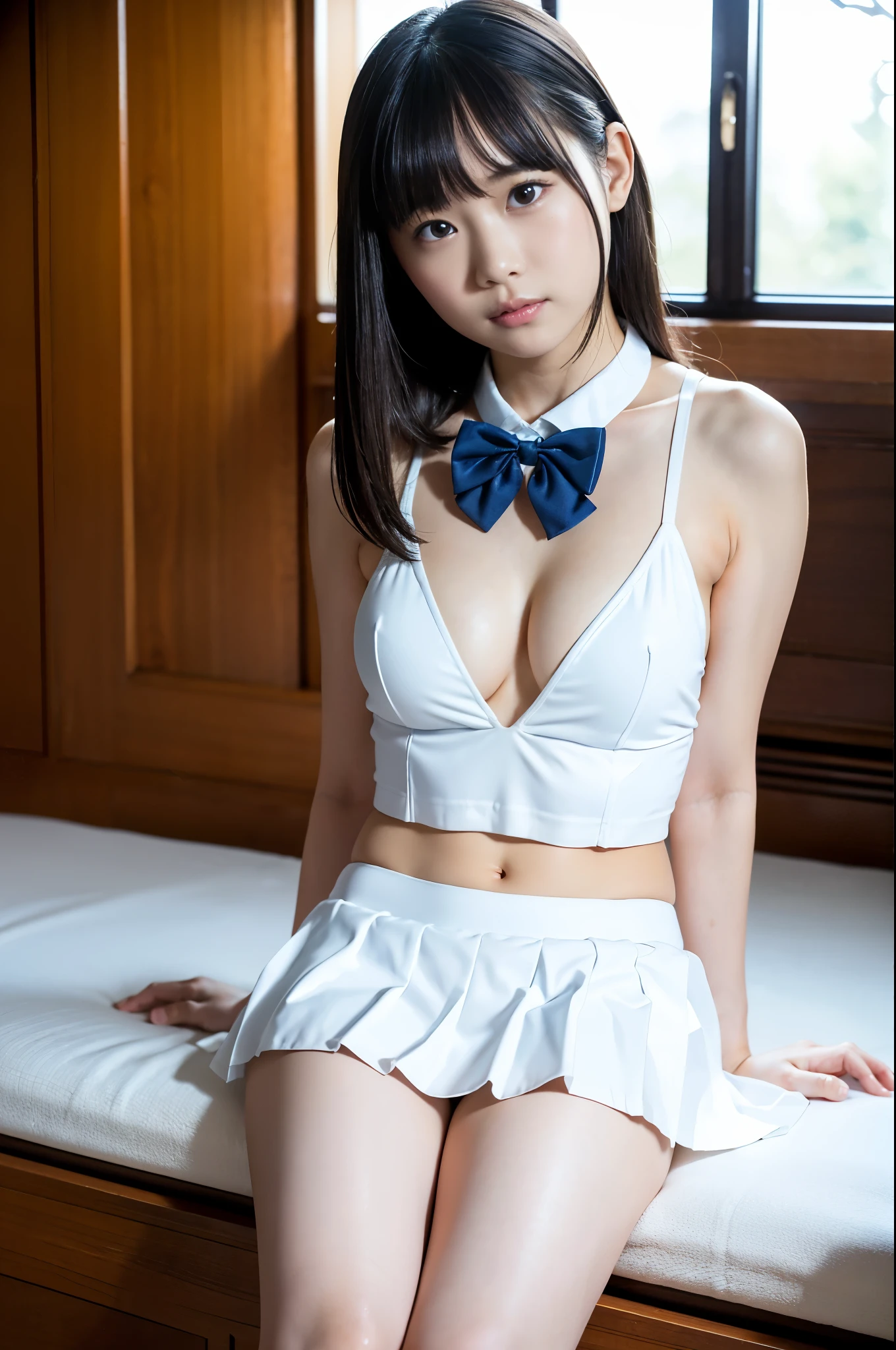 (8k、high resolution、high quality、Front view、Sunlight), One girl standing in the study, looking at me, Japanese girl, bow tie, white sleeveless, white high leg swimming suit, white mini frilled skirt, dark blue long socks, brainwashed by me, waiting for my instructions