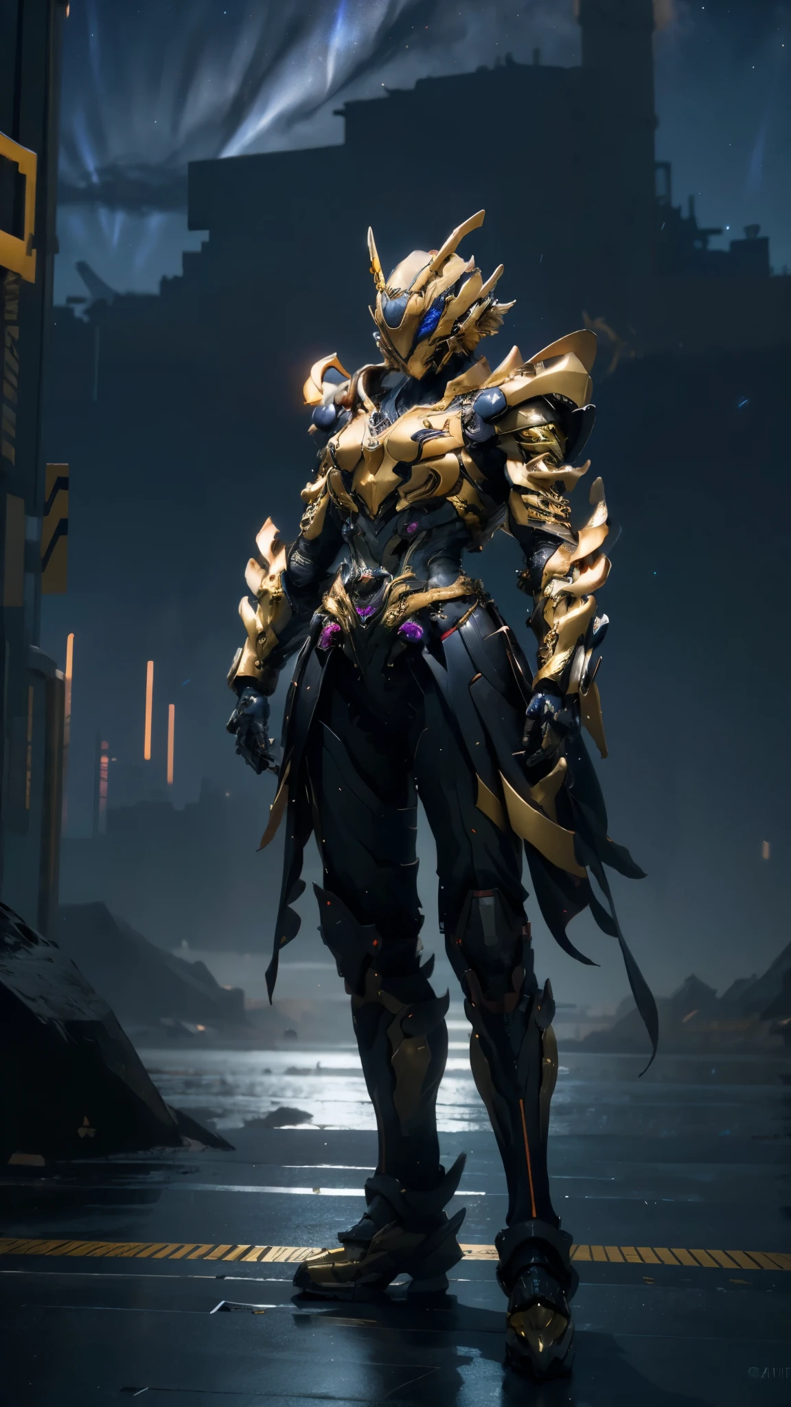 A woman adorned in fantasy-style full-body armor, a crown-concept fully enclosed helmet that unveils only her eyes, a composite layered chest plate, fully encompassing shoulder and hand guards, a lightweight waist armor, form-fitting shin guards, the overall design is heavy-duty yet flexible, ((the armor gleams with a golden glow, complemented by red and blue accents)), exhibiting a noble aura, she floats above a fantasy-surreal high-tech city, this character embodies a finely crafted fantasy-surreal style armored hero in anime style, exquisite and mature manga art style, (Queen bee mixed with Spider concept Armor, photorealistic:1.2, real texture material:1.2), ((night sky, city night view, elegant, goddess, femminine:1.5)), Unreal Engine 5, metallic, high definition, best quality, highres, ultra-detailed, ultra-fine painting, extremely delicate, professional, anatomically correct, symmetrical face, extremely detailed eyes and face, high quality eyes, creativity, RAW photo, UHD, 32k, Natural light, cinematic lighting, masterpiece-anatomy-perfect, masterpiece:1.5