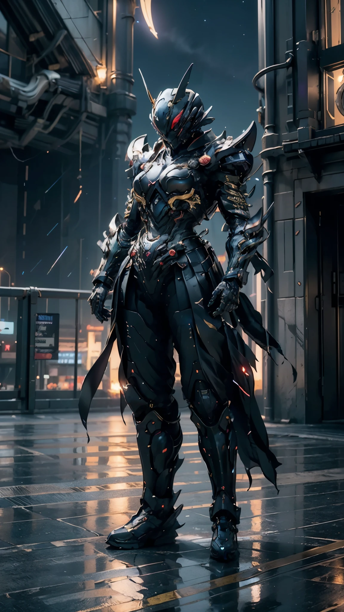 A woman adorned in fantasy-style full-body armor, a crown-concept fully enclosed helmet that unveils only her eyes, a composite layered chest plate, fully encompassing shoulder and hand guards, a lightweight waist armor, form-fitting shin guards, the overall design is heavy-duty yet flexible, ((the armor gleams with a golden glow, complemented by red and blue accents)), exhibiting a noble aura, she floats above a fantasy-surreal high-tech city, this character embodies a finely crafted fantasy-surreal style armored hero in anime style, exquisite and mature manga art style, (Queen bee mixed with Spider concept Armor, photorealistic:1.2, real texture material:1.2), ((night sky, city night view, elegant, goddess, femminine:1.5)), Unreal Engine 5, metallic, high definition, best quality, highres, ultra-detailed, ultra-fine painting, extremely delicate, professional, anatomically correct, symmetrical face, extremely detailed eyes and face, high quality eyes, creativity, RAW photo, UHD, 32k, Natural light, cinematic lighting, masterpiece-anatomy-perfect, masterpiece:1.5