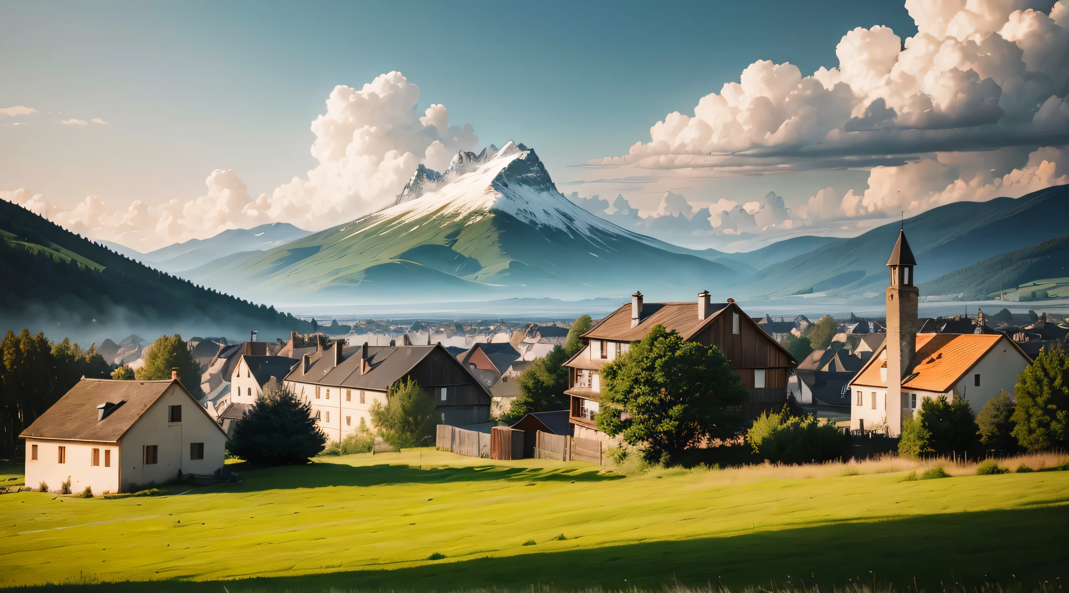 Belle campagne，Frais et naturel，Le ciel est bleu，Champs verdoyants，Cheminée dans le village，De vastes champs，Paysage de culture，Coucher de soleil et montagnes lointaines，Le soleil est chaud，Une douce bris，Simple et pur。 