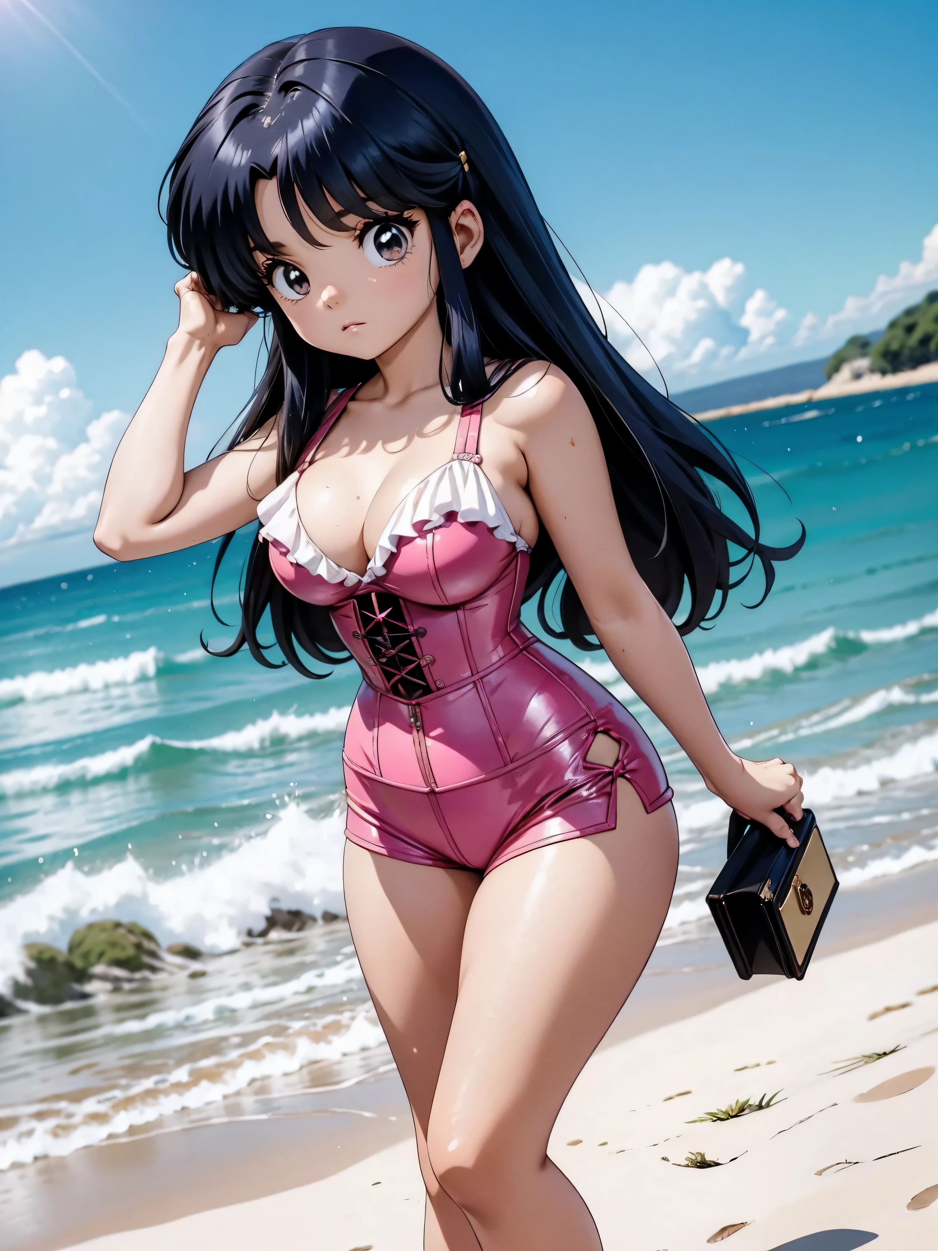 Anime girl with dark bluish hair in shorts and pink latex corset, , Corpo bonito, peito grandes, with hands on waist, hands in her hair, garota sexy, cabelo azulado, side locks of hair with pink bow, locks of hair with a bow on the side of the face, beautiful lighting, sombras suaves, olhos castanhos, pernas bonitas tonificadas, cabelo curto, estilo anime, hand on the waist, hand in hair, character Akane Tendo, Autor Rumiko Takahashi, Baseado em uma obra de Rumiko Takahashi, Anime Ranma 1 / 2, decote sexy, quadris robustos, Corpo todo, Corpo todo, Grande busto, young girl with nice and beautiful body, sandals nos pés,  de 16 anos shorts and latex corset,  anime, estilo anime, lindos pés em sandals, 45° viewing angle, ao ar livre, peito grande, Seios lindos, cabelo preto, sandals nos pés, lindas pernas, sexy, lindas pernas, sandals, peito grandes, Corpo todo, Corpo todo, pés com sandals, Grande busto