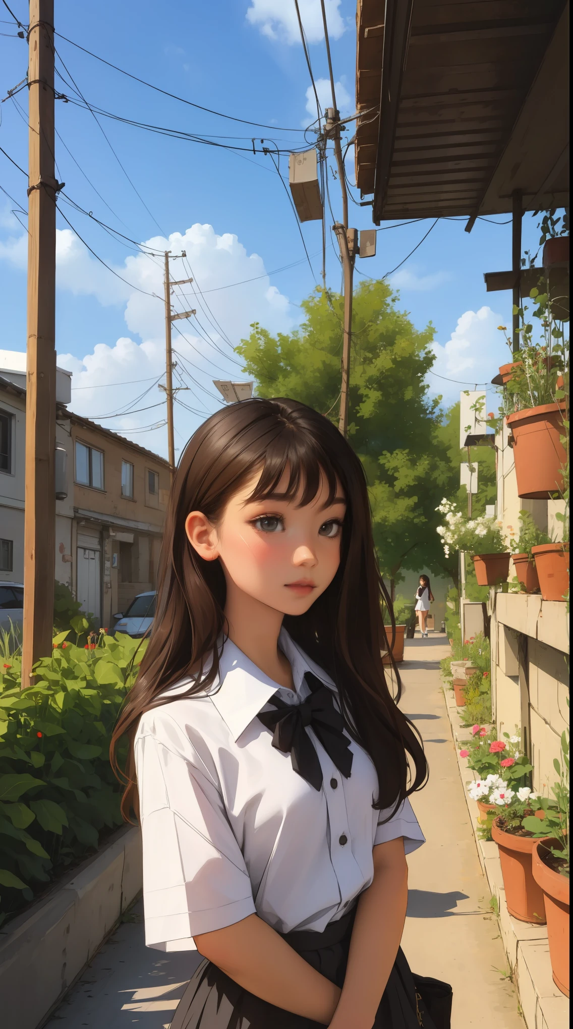 Girl, long brown hair, gray eyes, sharp features, white skin, school uniform, garden