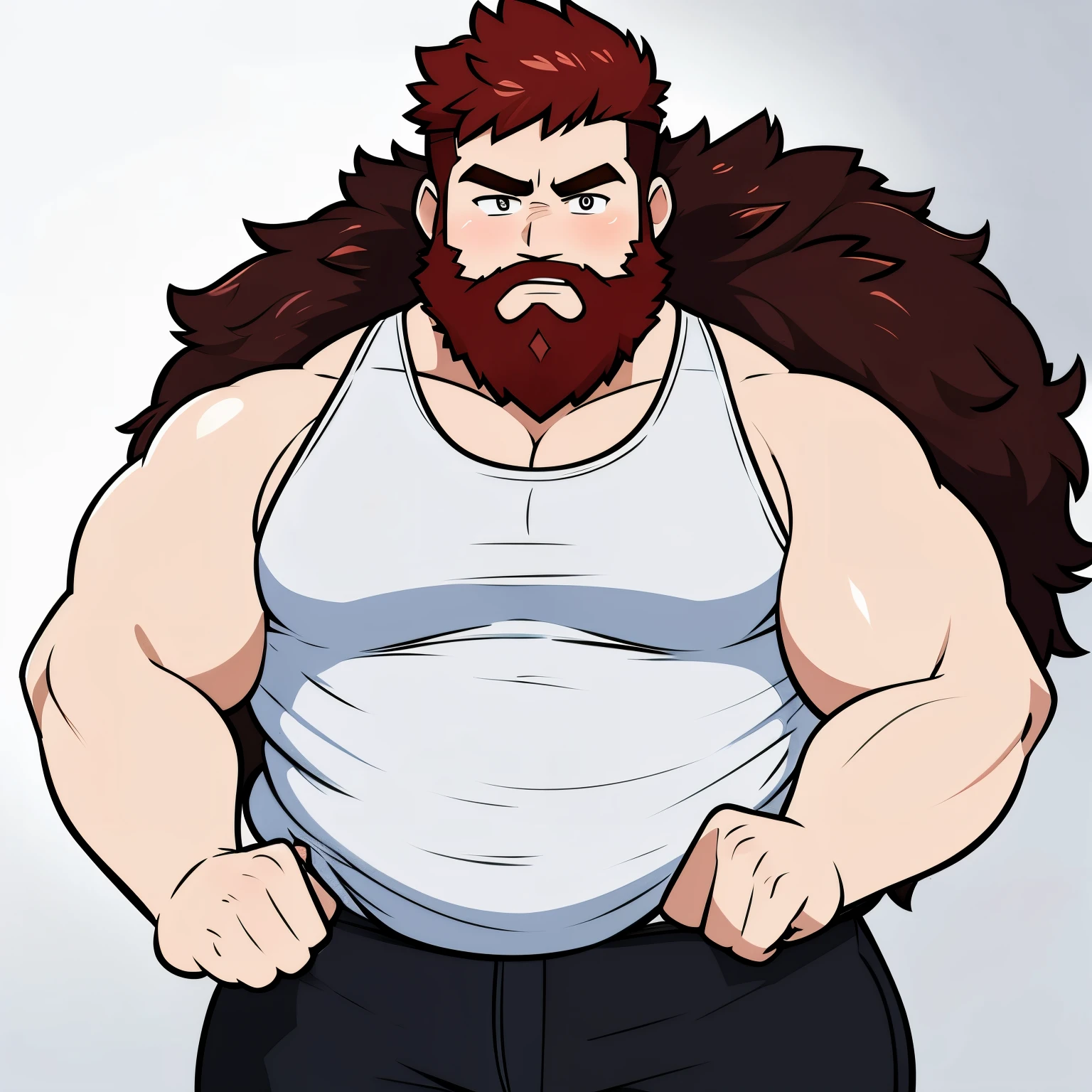 A big, chubby boy, with a big beard, with reddish hair, dressed in shorts and a tank top, drawn in traditional