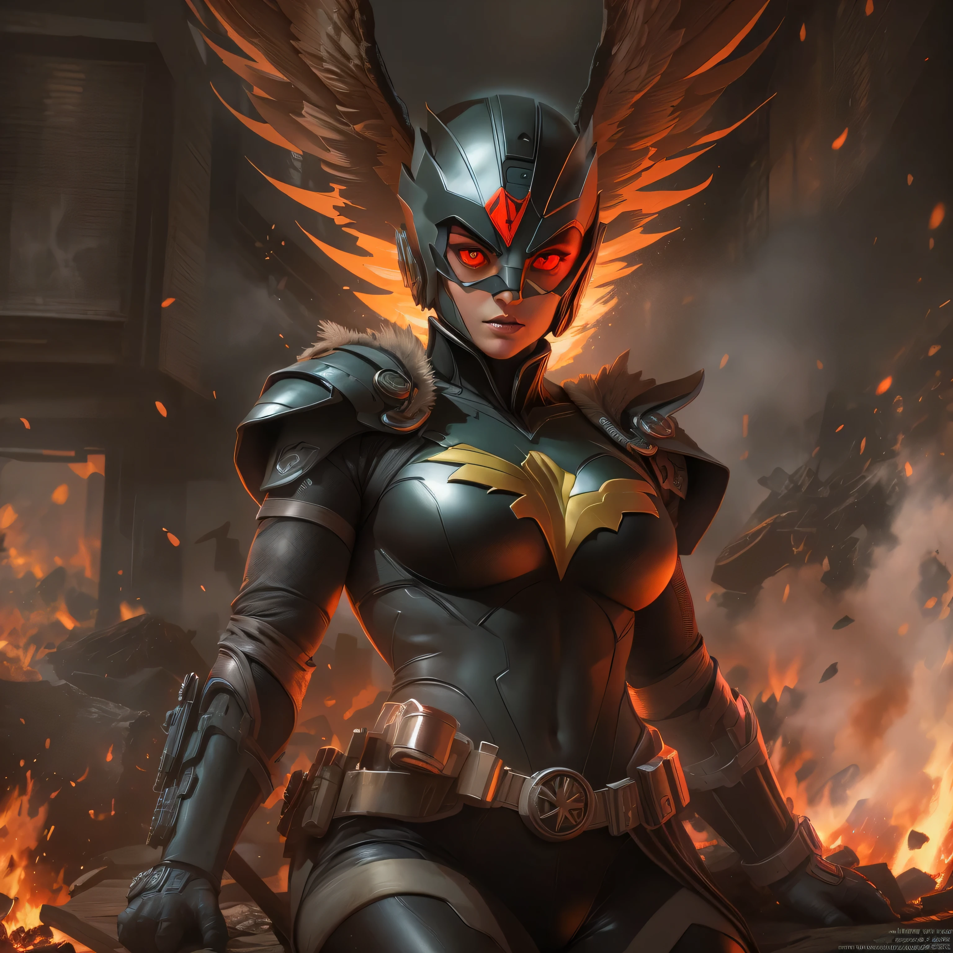 DC comic's Hawkgirl in dark knight costume, hawk helmet, in front of a fire, epic anime art, artgerm craig mullins, anime concept hdr anime macmanus, jin - roh, by Arthur Pan, antoine collignon, by Yang J, with bright red eyes, style of raymond swanland, artgerm and craig mullins, red son, dan mumford. 8k octane rendering