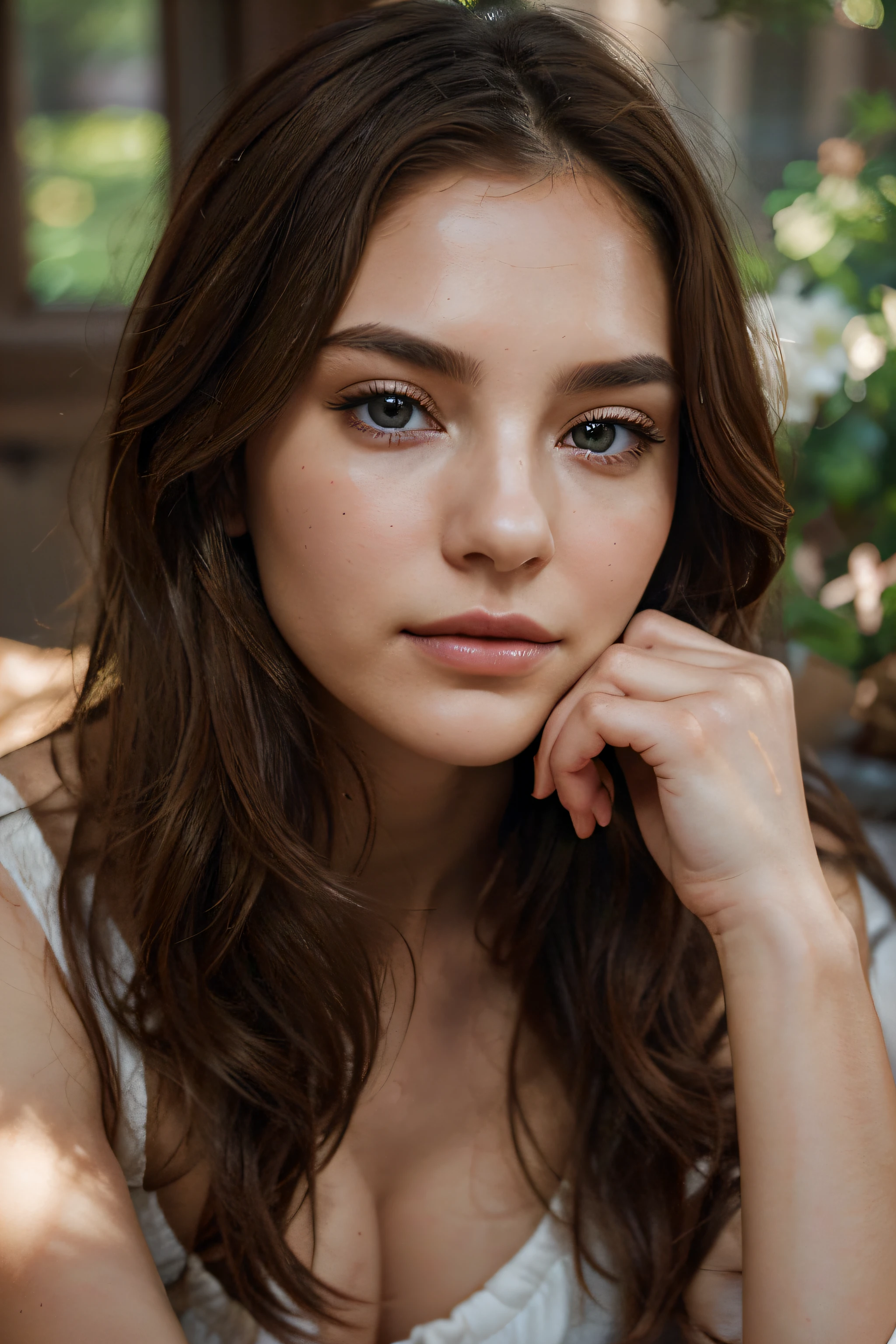 The woman in the image possesses distinctive features that exude an ethereal aura. She has a cascade of chestnut-brown hair, styled in loose waves that frame her face. Her eyes are a vivid shade of cerulean blue, set beneath well-defined eyebrows. Her skin  porcelain-like, showcasing her prominent cheekbones and softly tinted lips. As she rests her face on her hand, her expression  reflective and serene. Her fingertips gently touch her face, exhibiting subtle details such as the delicate creases and natural nail beds, adding a touch of realism to the scene. The image composition places a strong emphasis on her gaze, drawing viewers into her contemplative world.