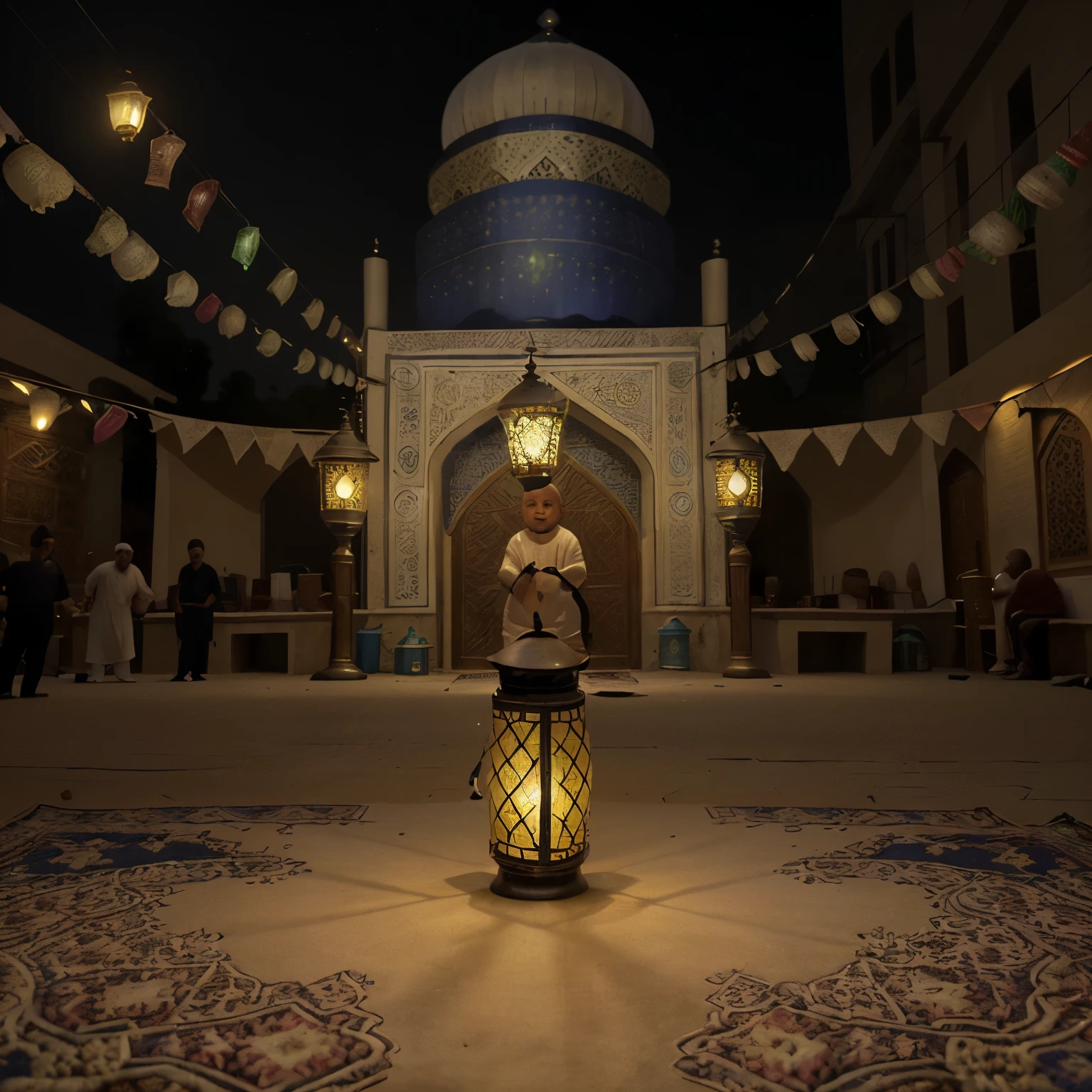 A picture of a beautiful  playing with a Ramadan lantern in front of the mosque, surrounded by lights and decorations in the streets.