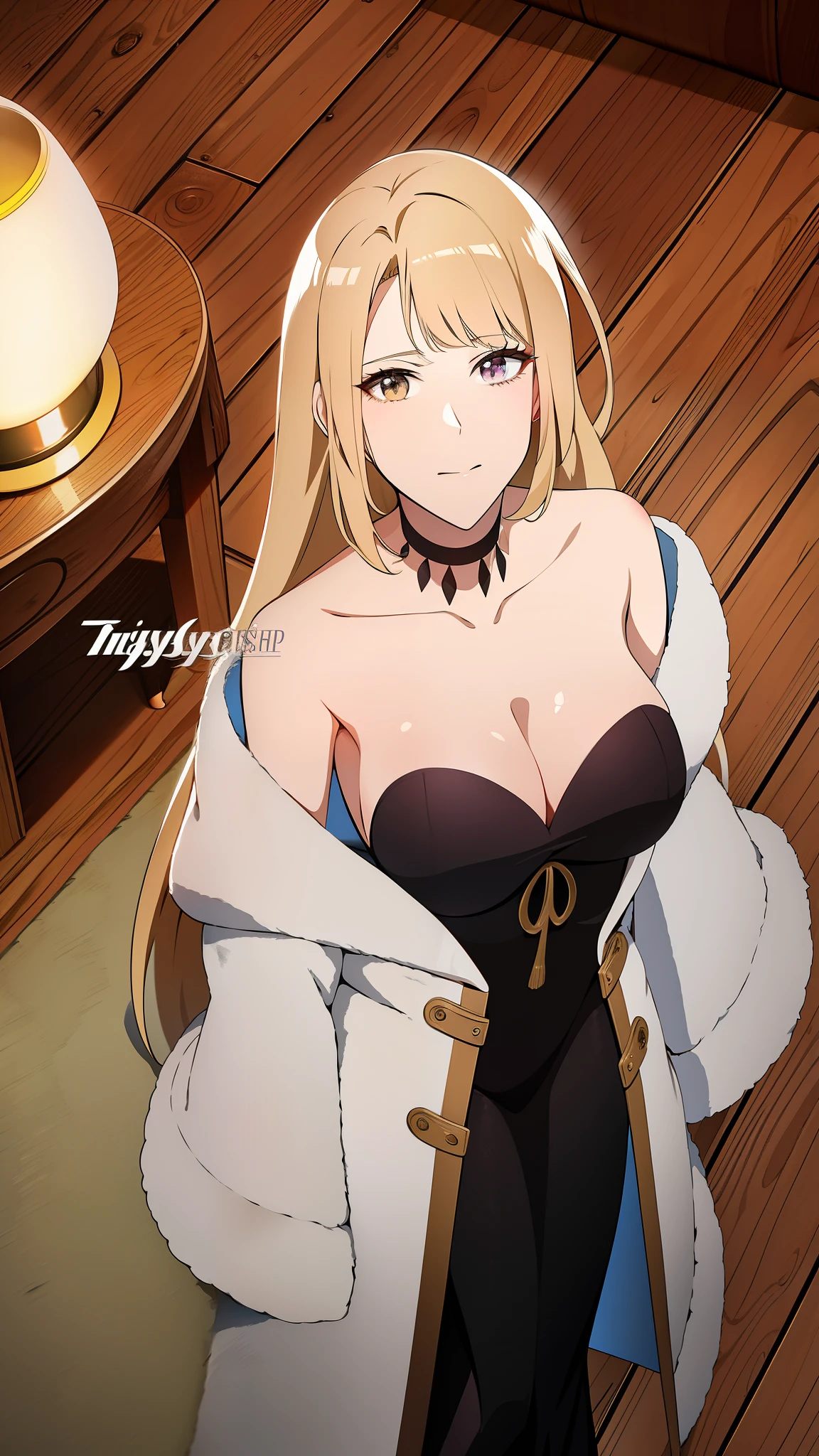 anime girl in black dress sitting on a chair with a lamp, official anime still, official art, seductive anime girl, anya from spy x family, furr covering her chest, today's featured anime still, female anime character, blonde anime girl with long hair, official studio anime still, fur covering her chest, violet evergarden, anime best girl