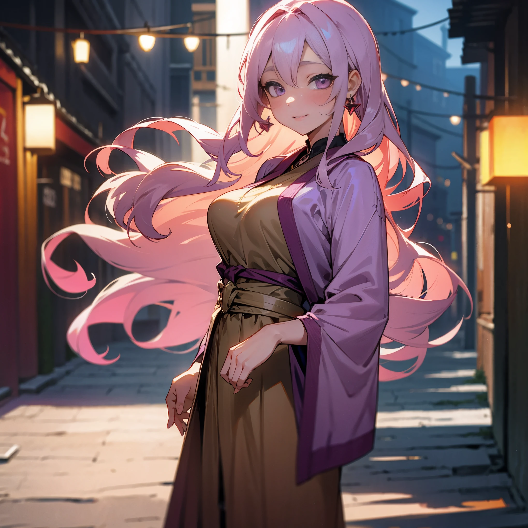 1female, adult, sexy, big breast, tan skin, finely detailed magenta eyes, long wavy hair, pale purple ombre hair color, casual clothing, blushing, standing in alley, night, village background, excited expression, earrings, lanterns, cute expression