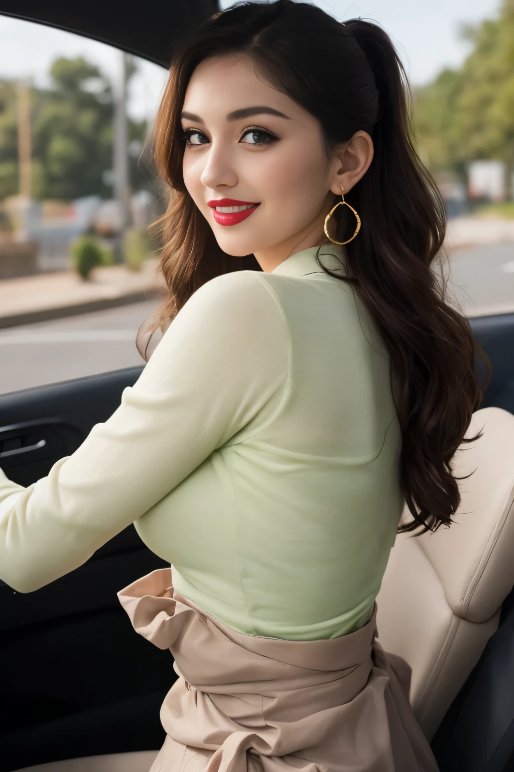 Caucasian woman, green eyes, lined eyes, blonde hair, hair with brown roots, wavy hair, long hair, hair with a ponytail, red painted mouth, smile, gold earrings, gold necklace, athletic body, (top texture), earrings, in car, focus on face, selfie pose, frontal shot.a beutiful woman is playing around the beach, wearing blue hijab, long-sleeves shirt, long pants, full bodylucy pinder, face portrait, curly hair, black hair, red lipstick, red blouse, smiling, beautiful lipsRAW, Best quality, high resolution, Masterpiece: 1.3), Beautiful  woman in hijab, Masterpiece, Perfect slim body, ((Big breasts)), Beautiful big eyes, Soft smile, Cute girl in hijab wearing bright green baju kurung with seducing pose, big smile, laughing, happy, big front teeth, bustling nighttime city, wearing hijab, bright golden color hijab, , small breast, flat chest, wide waist, thick thighs bright lighting, big round ass, cute face, slim abs, 35mm lens, Extreme close-up, pastel color grading, depth of field cinematography effect, romantic film genre, 8k resolution, high quality, ultra detail,es