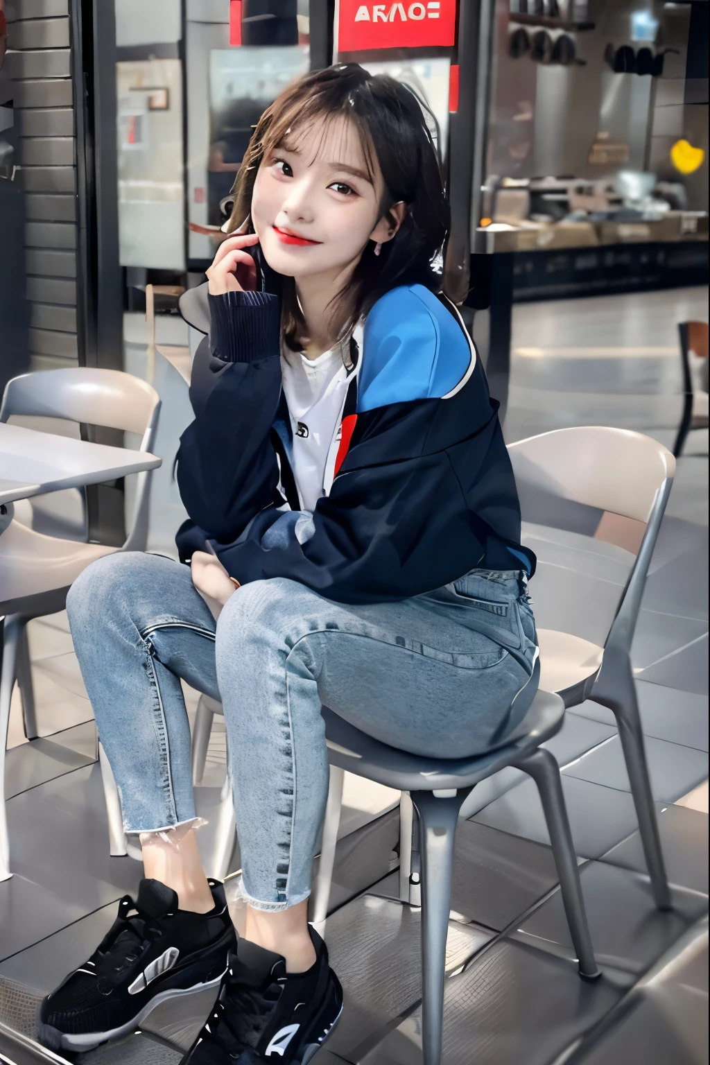 black hair、hoodie、skinny denim、sneakers、Gray socks、wearing socks、socks slightly visible through shoes、refreshing smile、smiling showing teeth、full body photo
